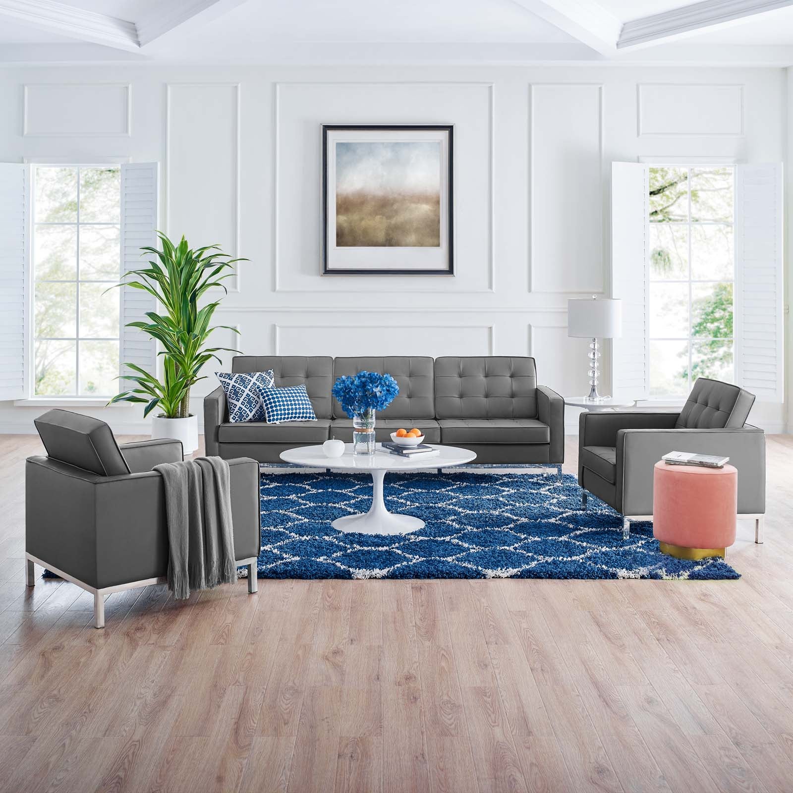 Modway Living Room Sets - Loft-Tufted-Vegan-Leather-3-Piece-Furniture-Set-Silver-Gray