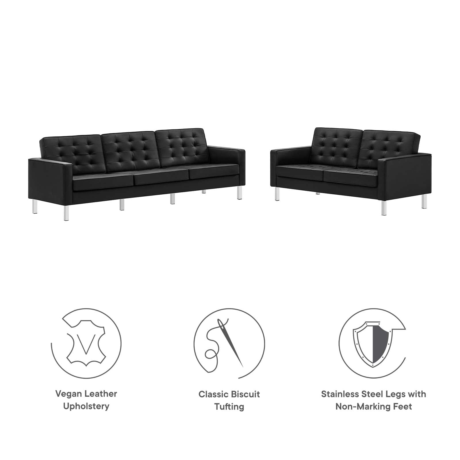 Modway Living Room Sets - Loft-Tufted-Vegan-Leather-2-Piece-Furniture-Set-Silver-Black