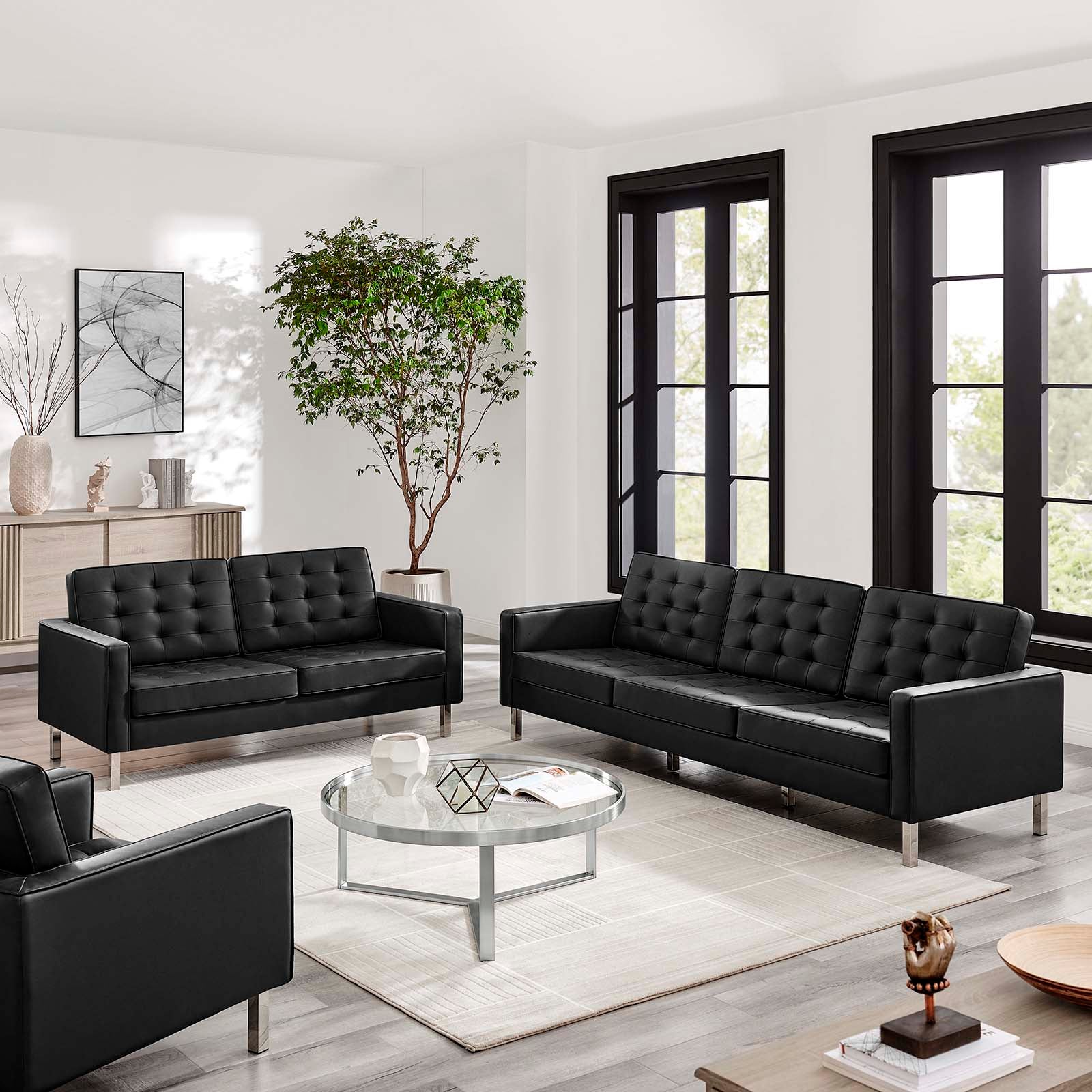 Modway Living Room Sets - Loft-Tufted-Vegan-Leather-2-Piece-Furniture-Set-Silver-Black