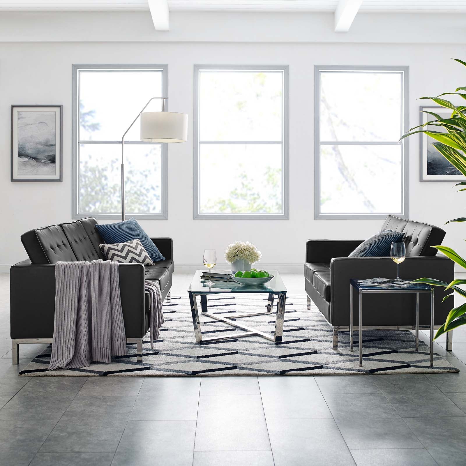 Modway Living Room Sets - Loft-Tufted-Vegan-Leather-2-Piece-Furniture-Set-Silver-Black