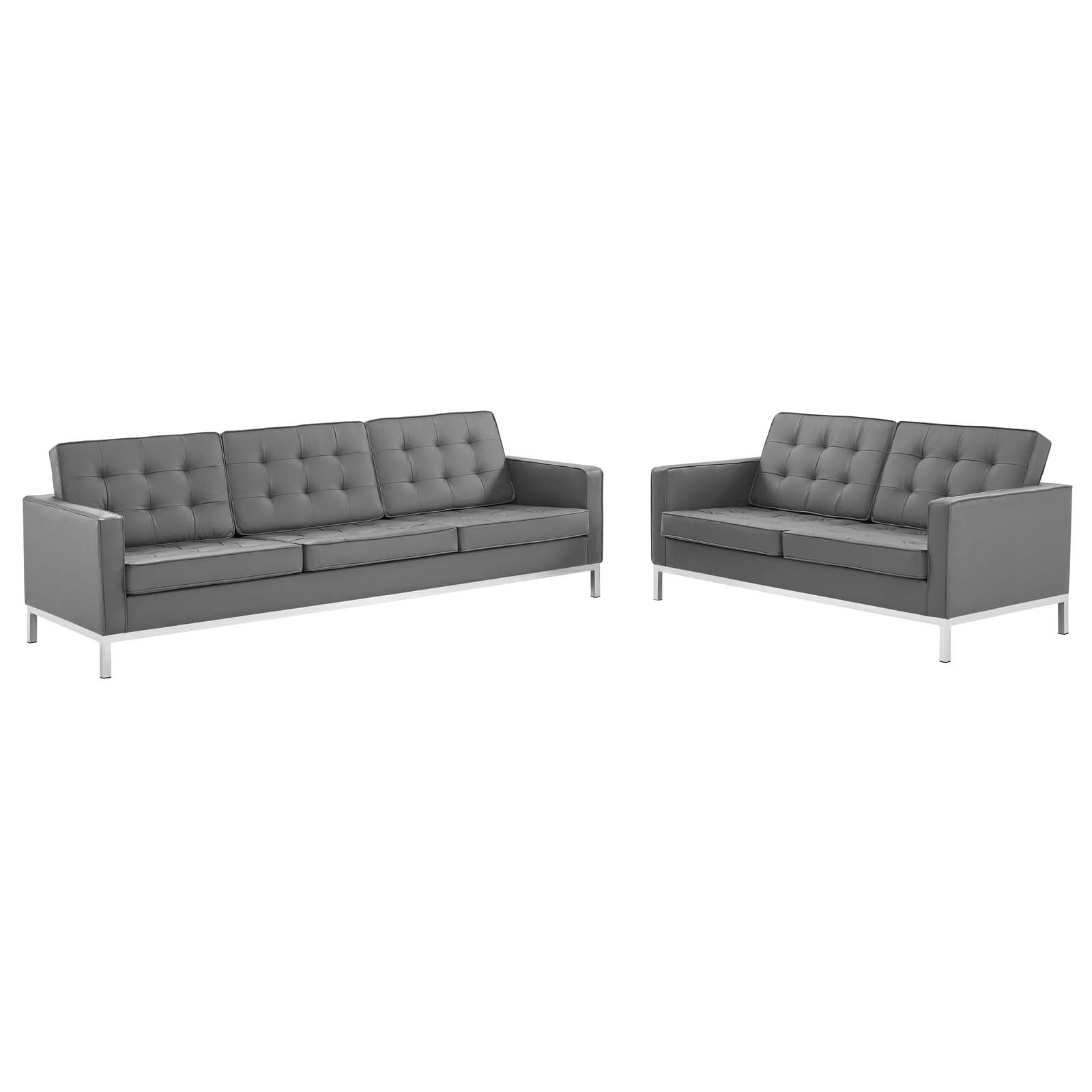 Modway Living Room Sets - Loft-Tufted-Vegan-Leather-2-Piece-Furniture-Set-Silver-Gray