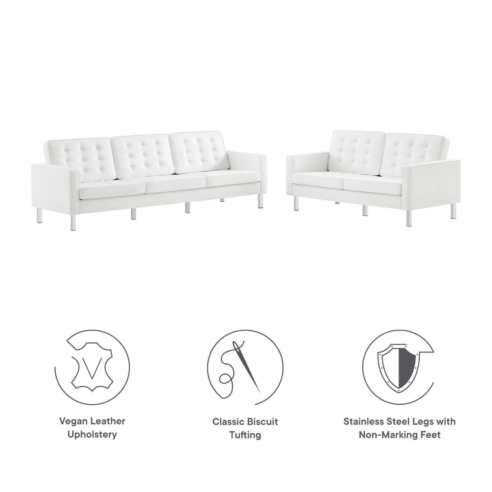 Modway Living Room Sets - Loft Tufted Upholstered Faux Leather Sofa and Loveseat Set Silver White