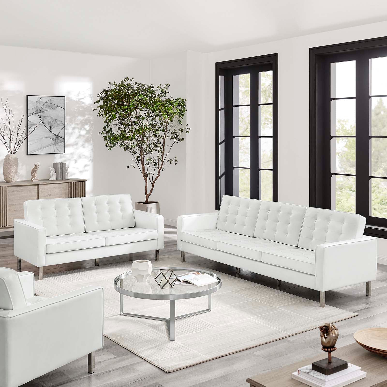 Modway Living Room Sets - Loft Tufted Upholstered Faux Leather Sofa and Loveseat Set Silver White