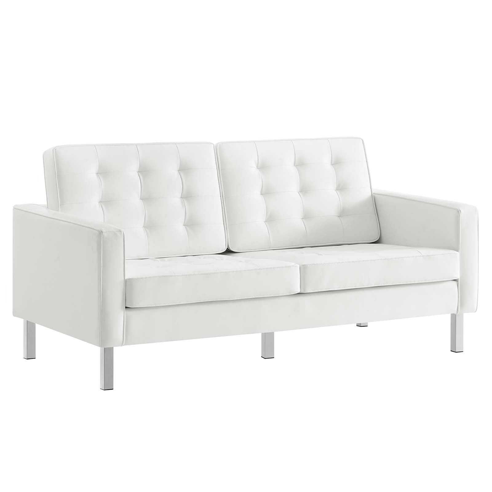Modway Living Room Sets - Loft Tufted Upholstered Faux Leather Sofa and Loveseat Set Silver White