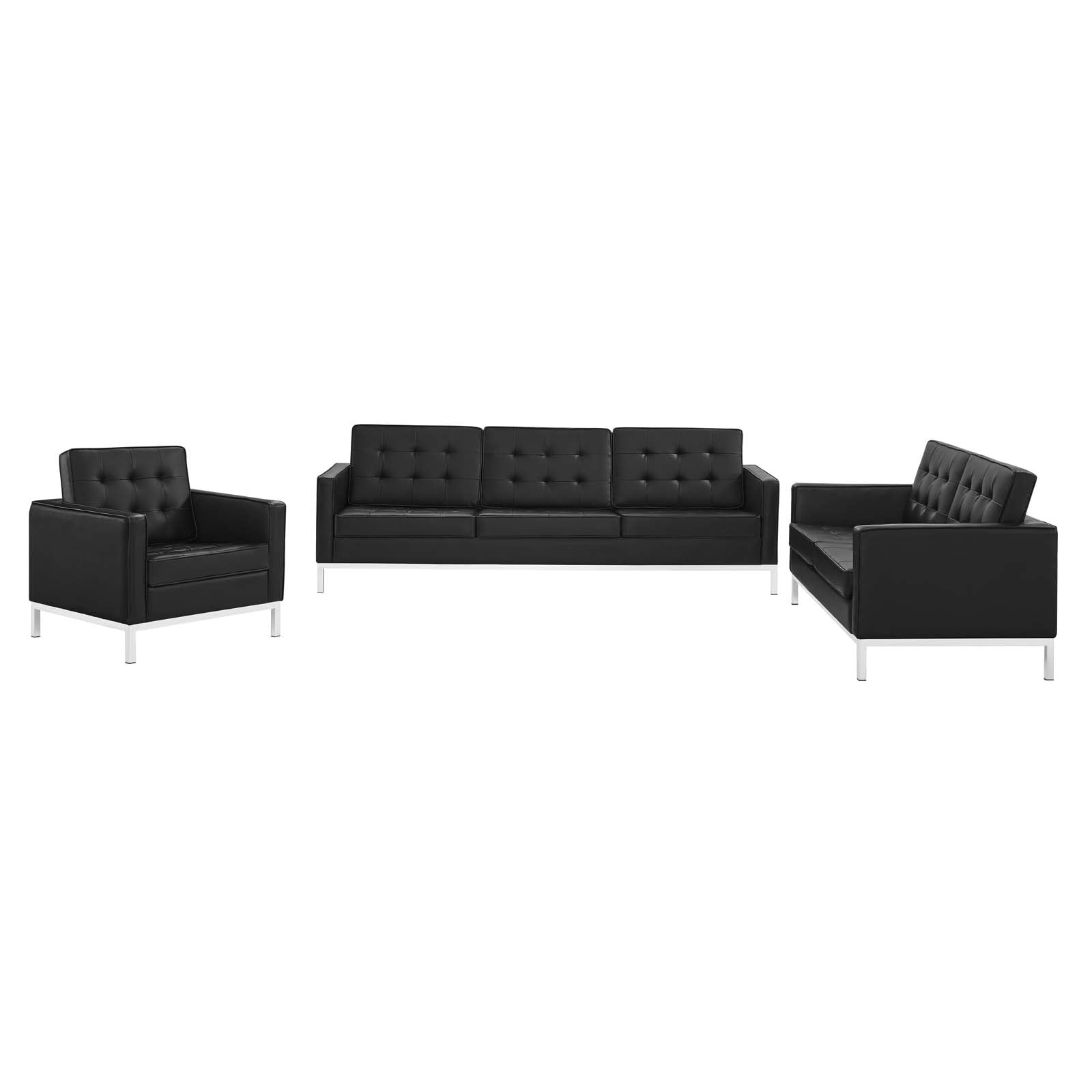 Modway Living Room Sets - Loft-Tufted-Upholstered-Faux-Leather-3-Piece-Set-Silver-Black