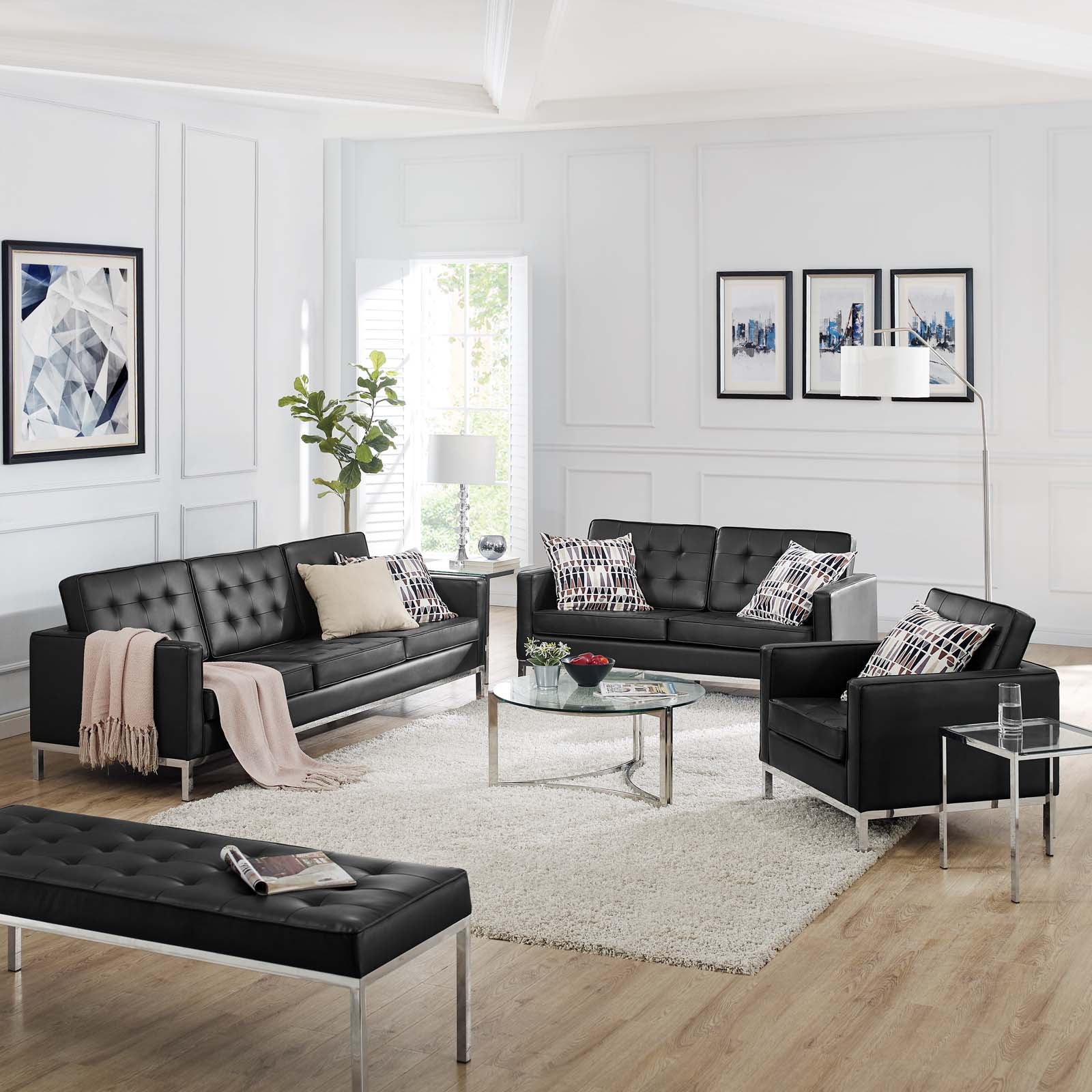 Modway Living Room Sets - Loft-Tufted-Upholstered-Faux-Leather-3-Piece-Set-Silver-Black