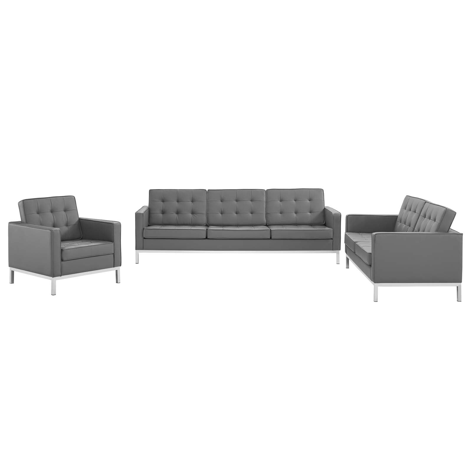 Modway Living Room Sets - Loft-Tufted-Upholstered-Faux-Leather-3-Piece-Set-Silver-Gray