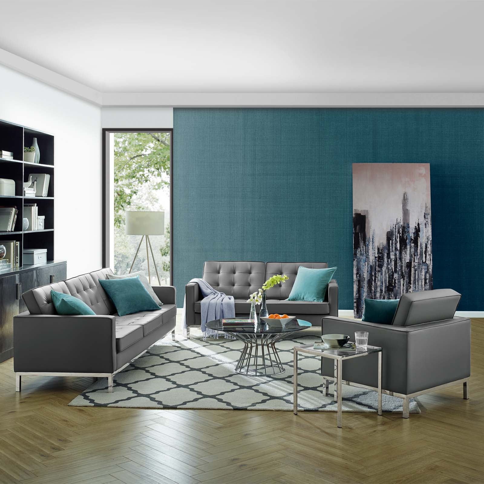 Modway Living Room Sets - Loft-Tufted-Upholstered-Faux-Leather-3-Piece-Set-Silver-Gray