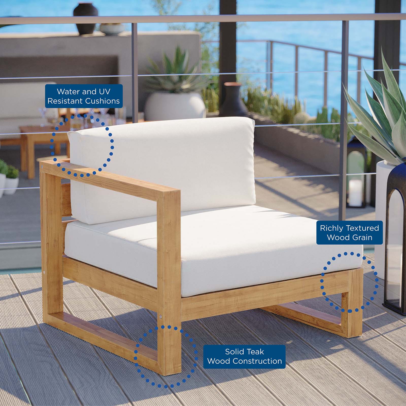 Modway Outdoor Chairs - Upland Outdoor Patio Teak Wood Left Arm Chair Natural White