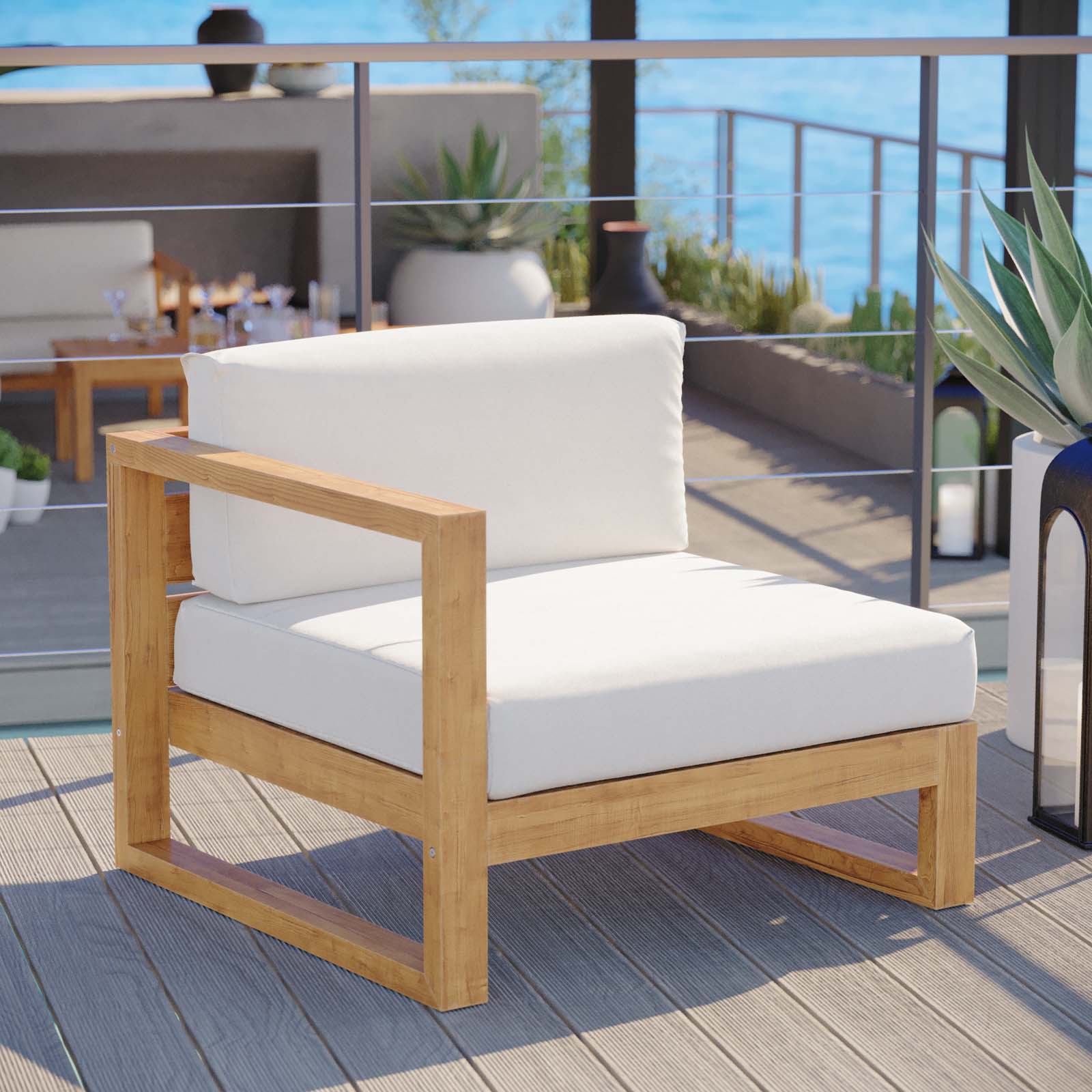 Modway Outdoor Chairs - Upland Outdoor Patio Teak Wood Left Arm Chair Natural White