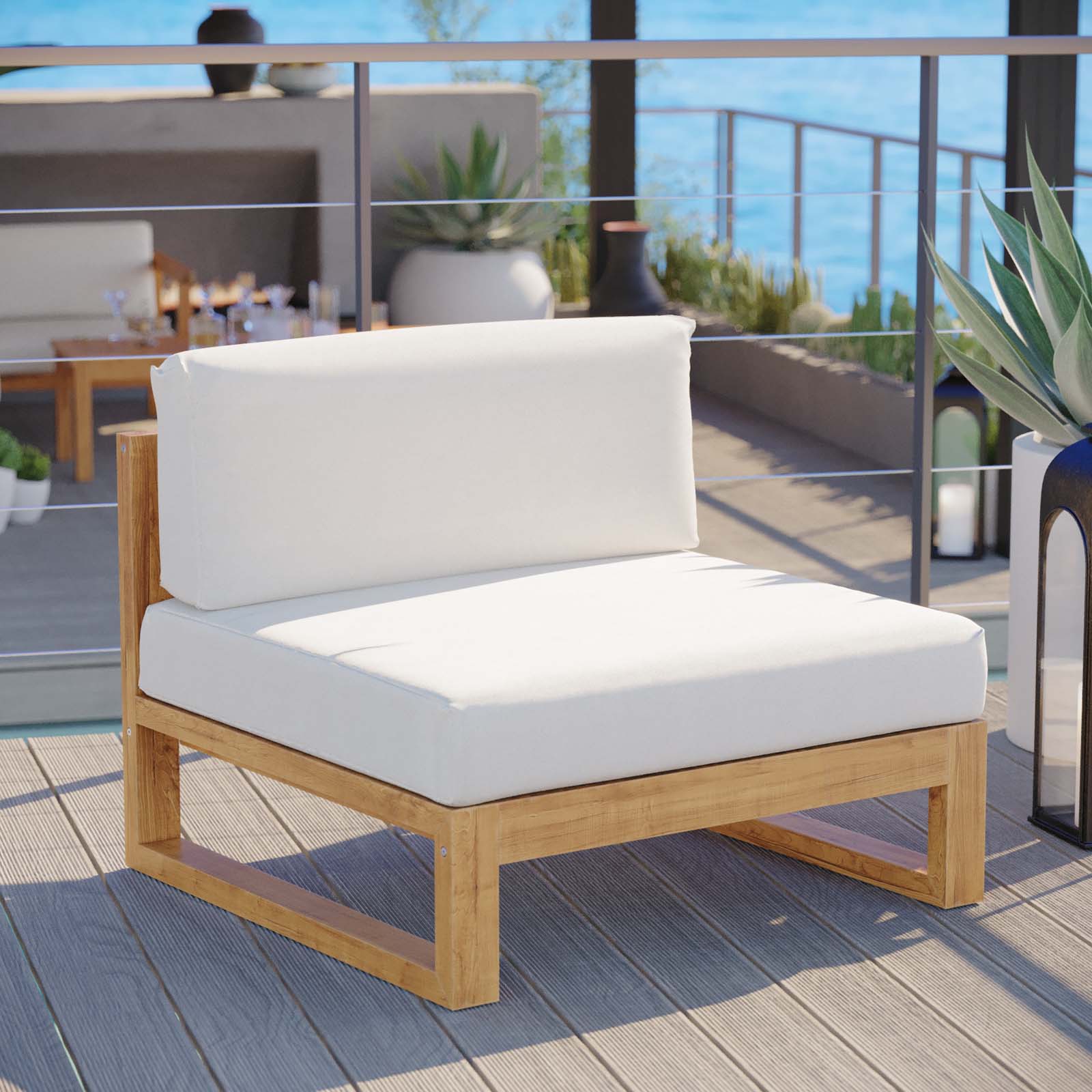 Modway Outdoor Chairs - Upland Outdoor Patio Teak Wood Armless Chair Natural White