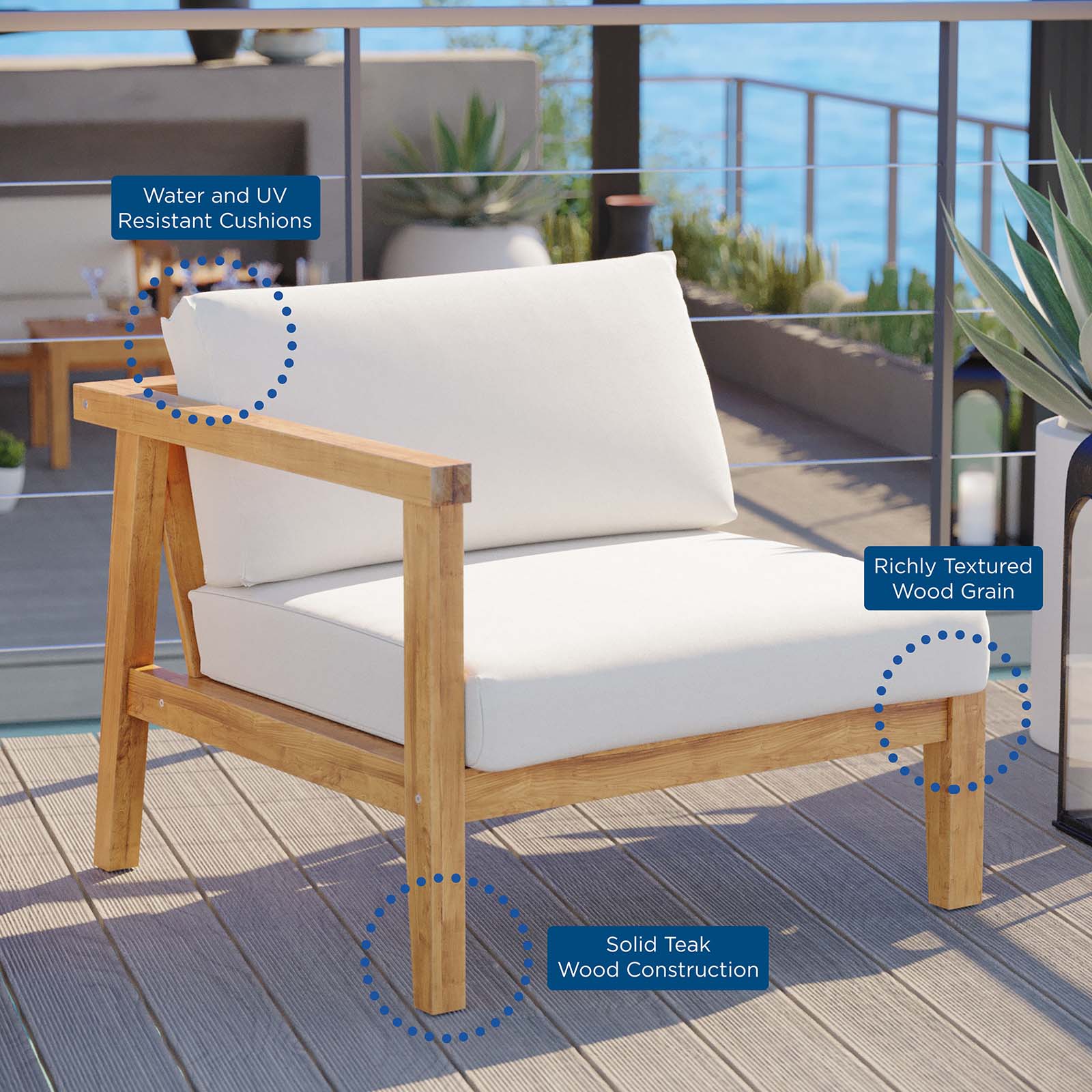 Modway Outdoor Sofas - Bayport-Outdoor-Patio-Teak-Wood-Left-Arm-Chair-Natural-White