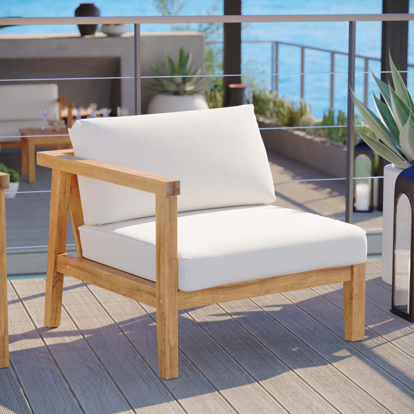 Modway Outdoor Sofas - Bayport-Outdoor-Patio-Teak-Wood-Left-Arm-Chair-Natural-White