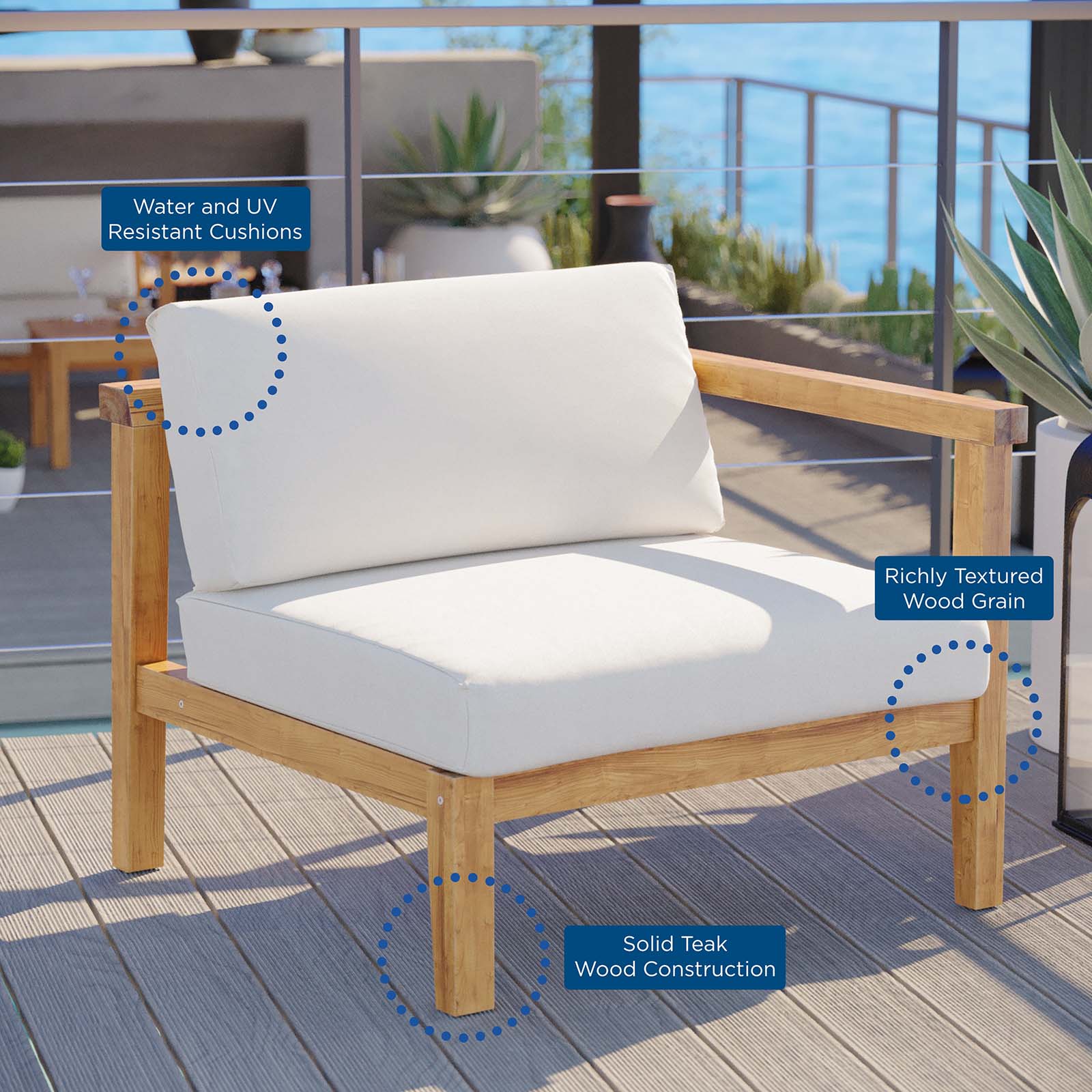 Modway Outdoor Sofas - Bayport-Outdoor-Patio-Teak-Wood-Right-Arm-Chair-Natural-White