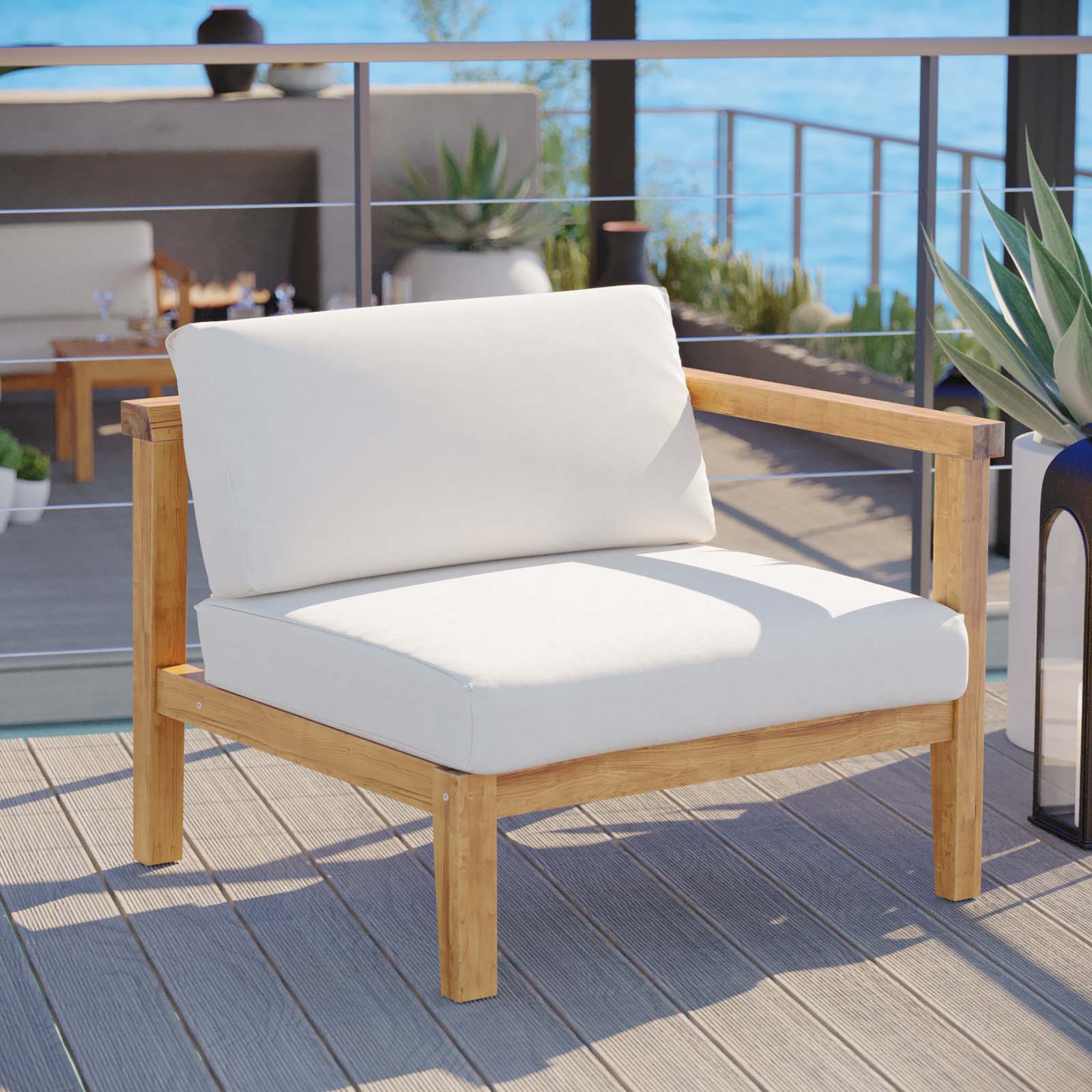 Modway Outdoor Sofas - Bayport-Outdoor-Patio-Teak-Wood-Right-Arm-Chair-Natural-White