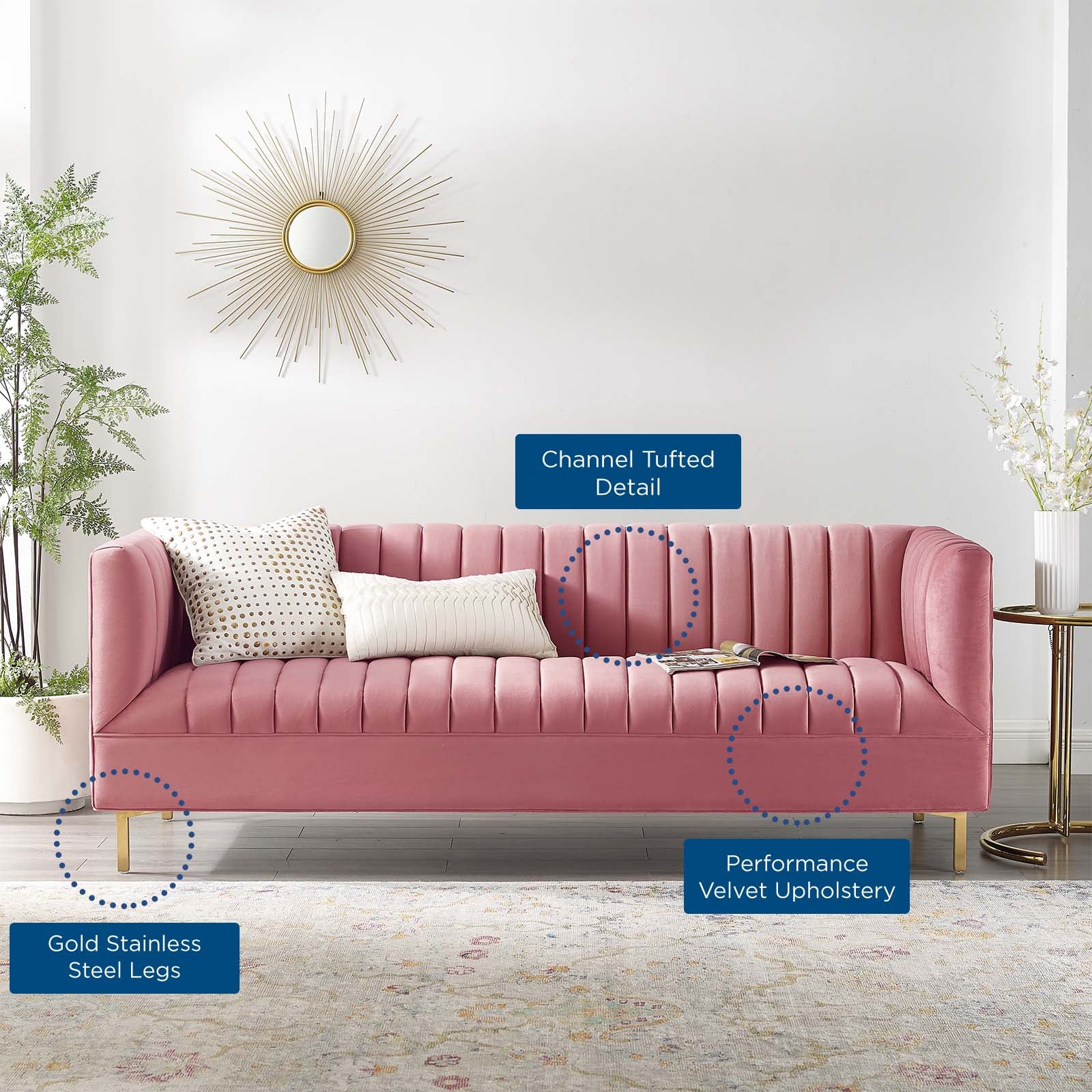 Modway Sofas & Couches - Shift Channel Tufted Performance Velvet Sofa Dusty Rose
