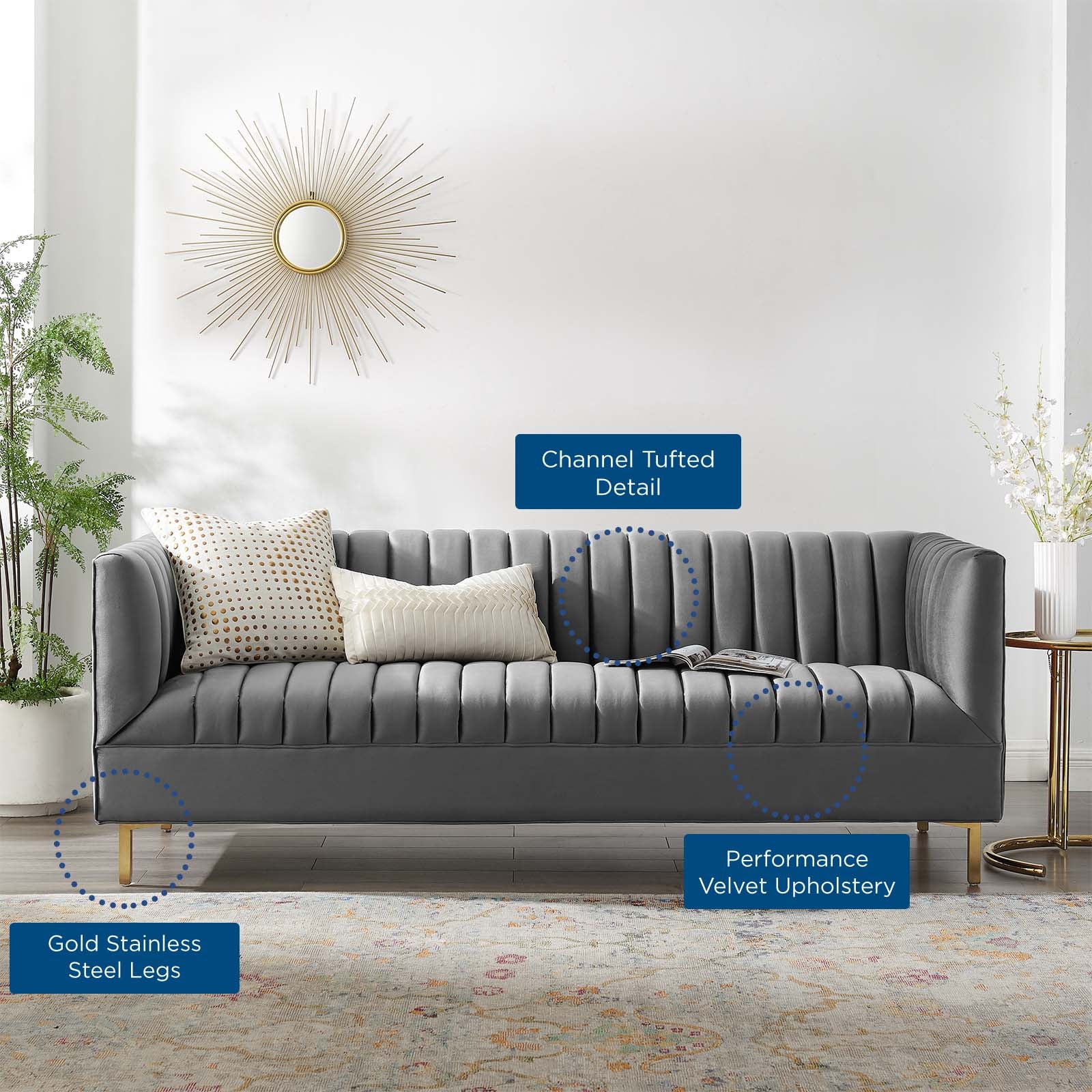 Modway Sofas & Couches - Shift Channel Tufted Performance Velvet Sofa Gray