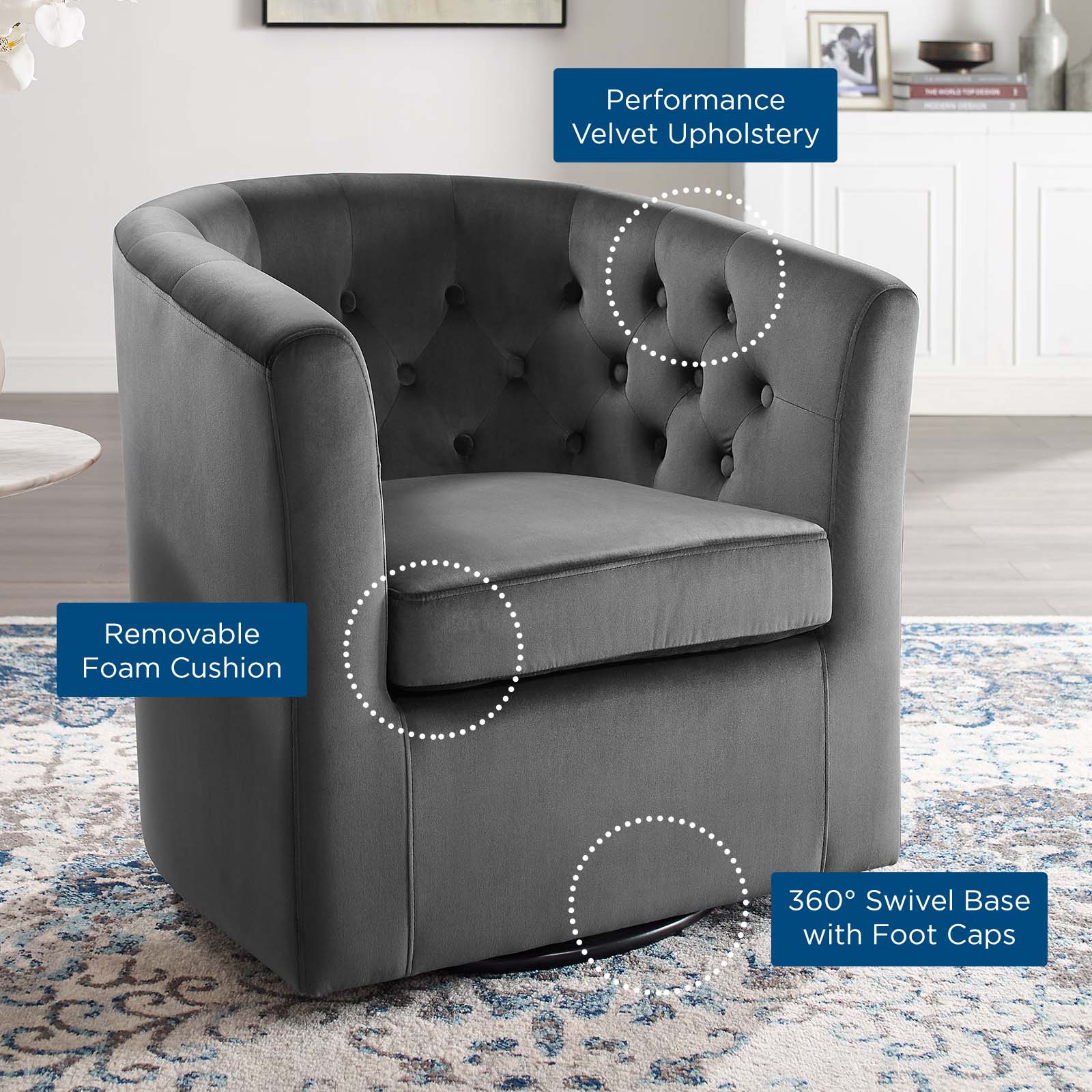 Modway Accent Chairs - Prospect Tufted Performance Velvet Swivel Armchair Charcoal