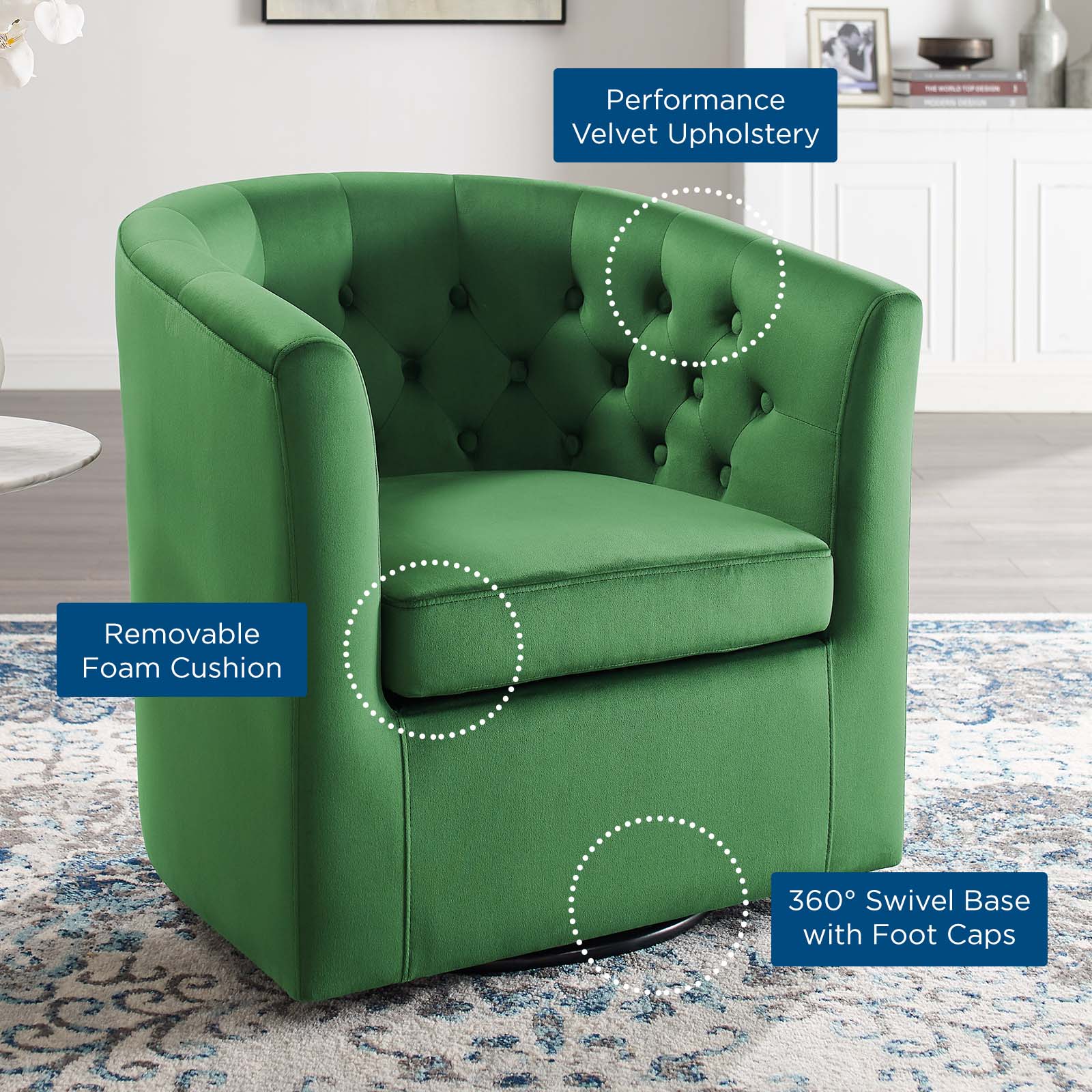 Modway Chairs - Prospect Tufted Performance Velvet Swivel Armchair Emerald