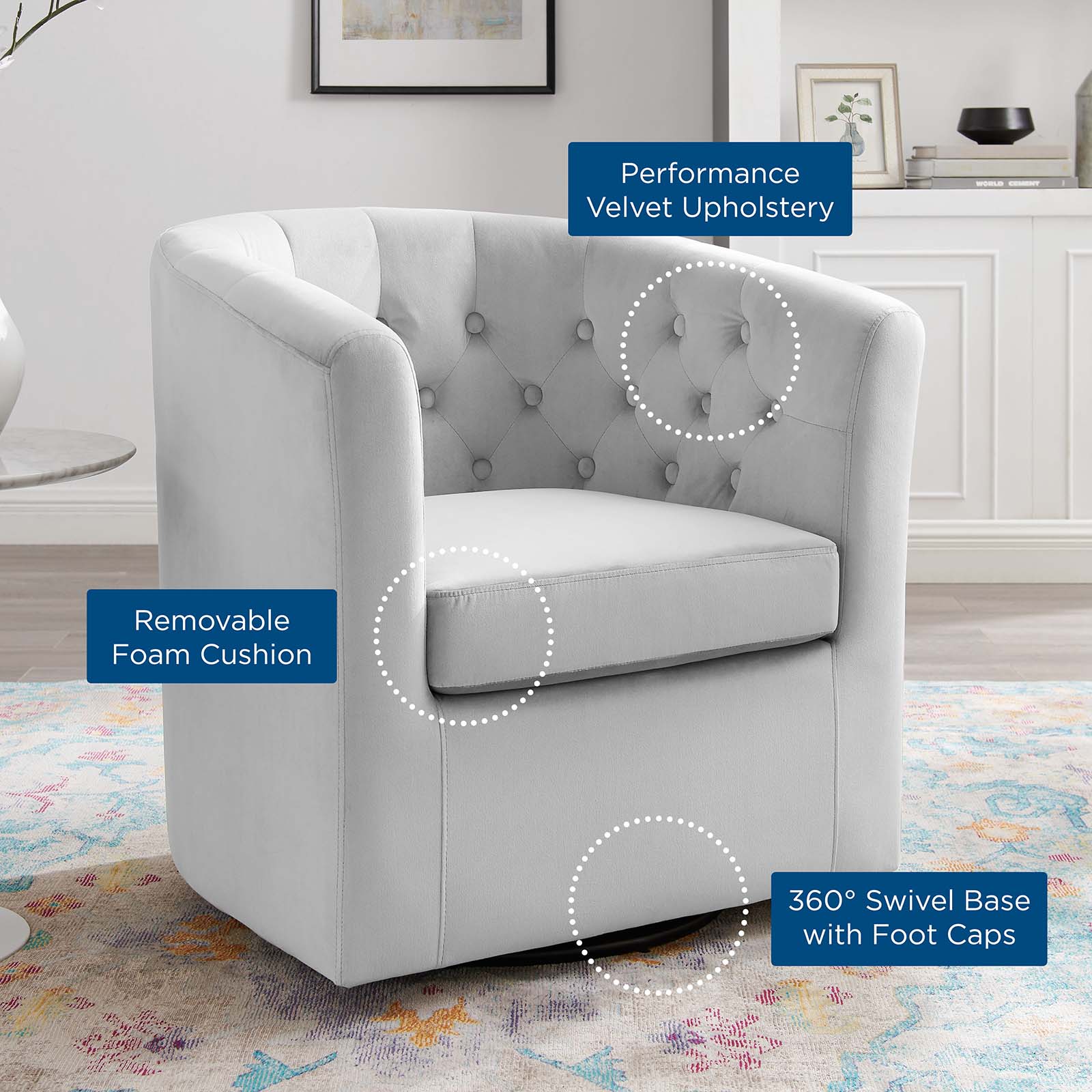 Modway Accent Chairs - Prospect Tufted Performance Velvet Swivel Armchair Light Gray