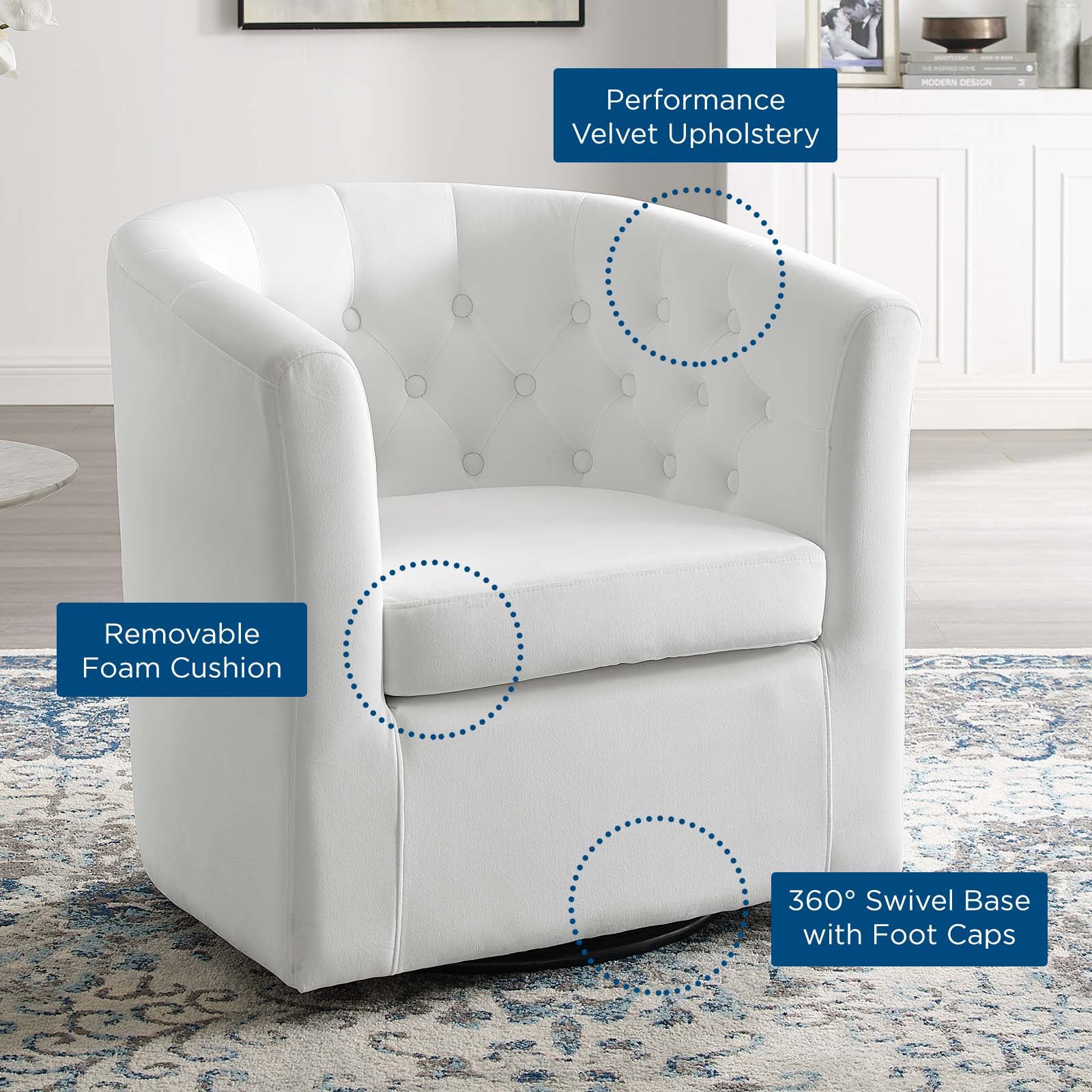 Modway Accent Chairs - Prospect Tufted Performance Velvet Swivel Armchair White