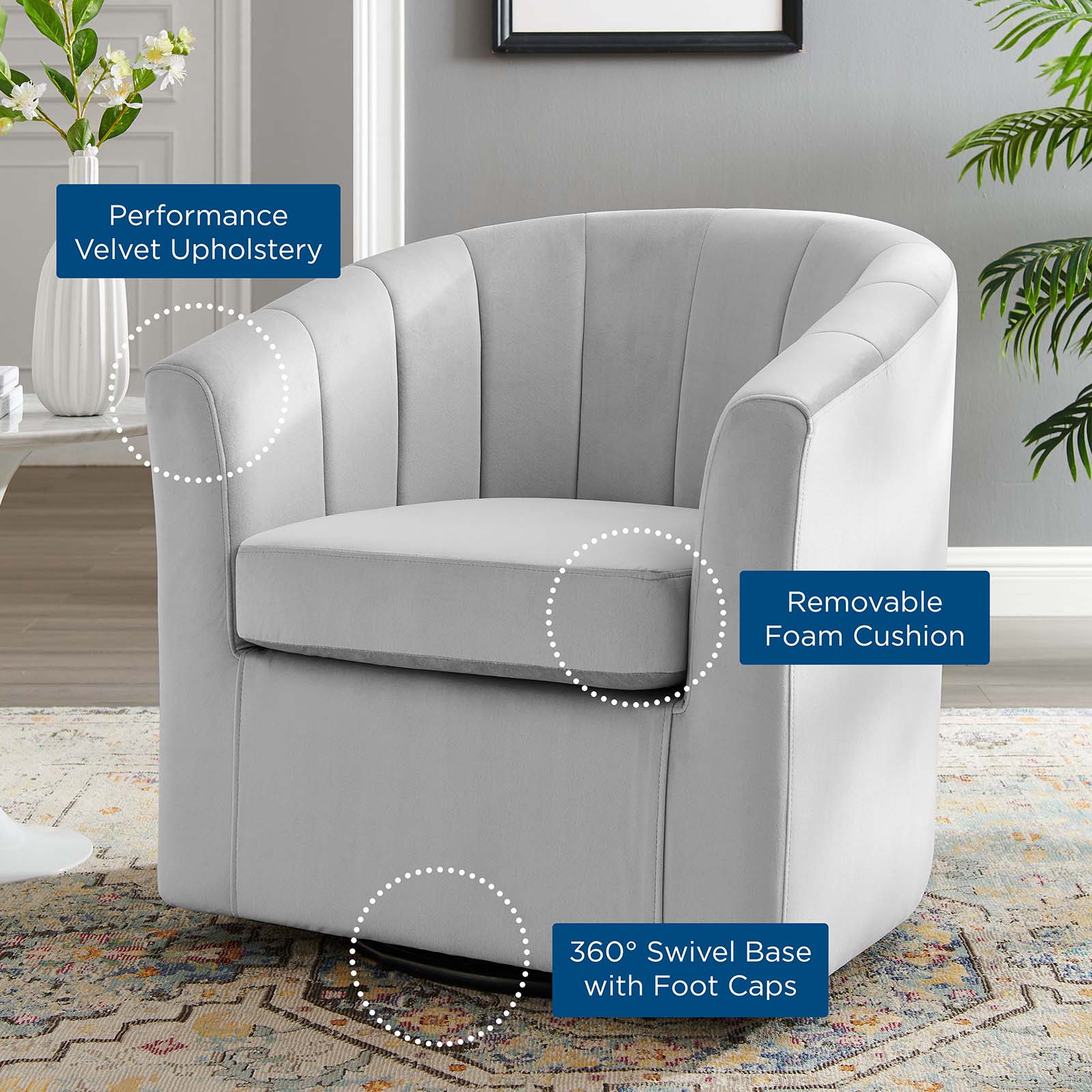 Modway Accent Chairs - Prospect Performance Velvet Swivel Armchair Light Gray