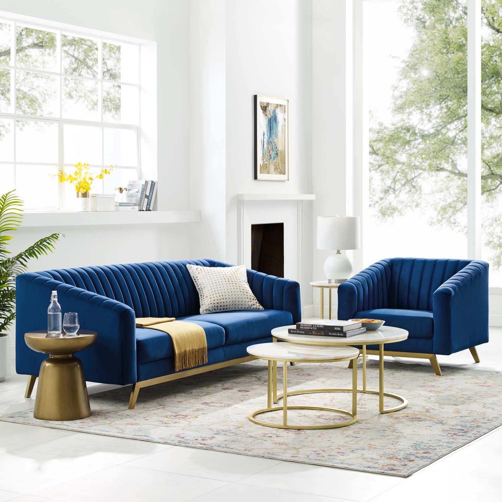 Modway Living Room Sets - Valiant Vertical Velvet Sofa and Armchair Set Navy