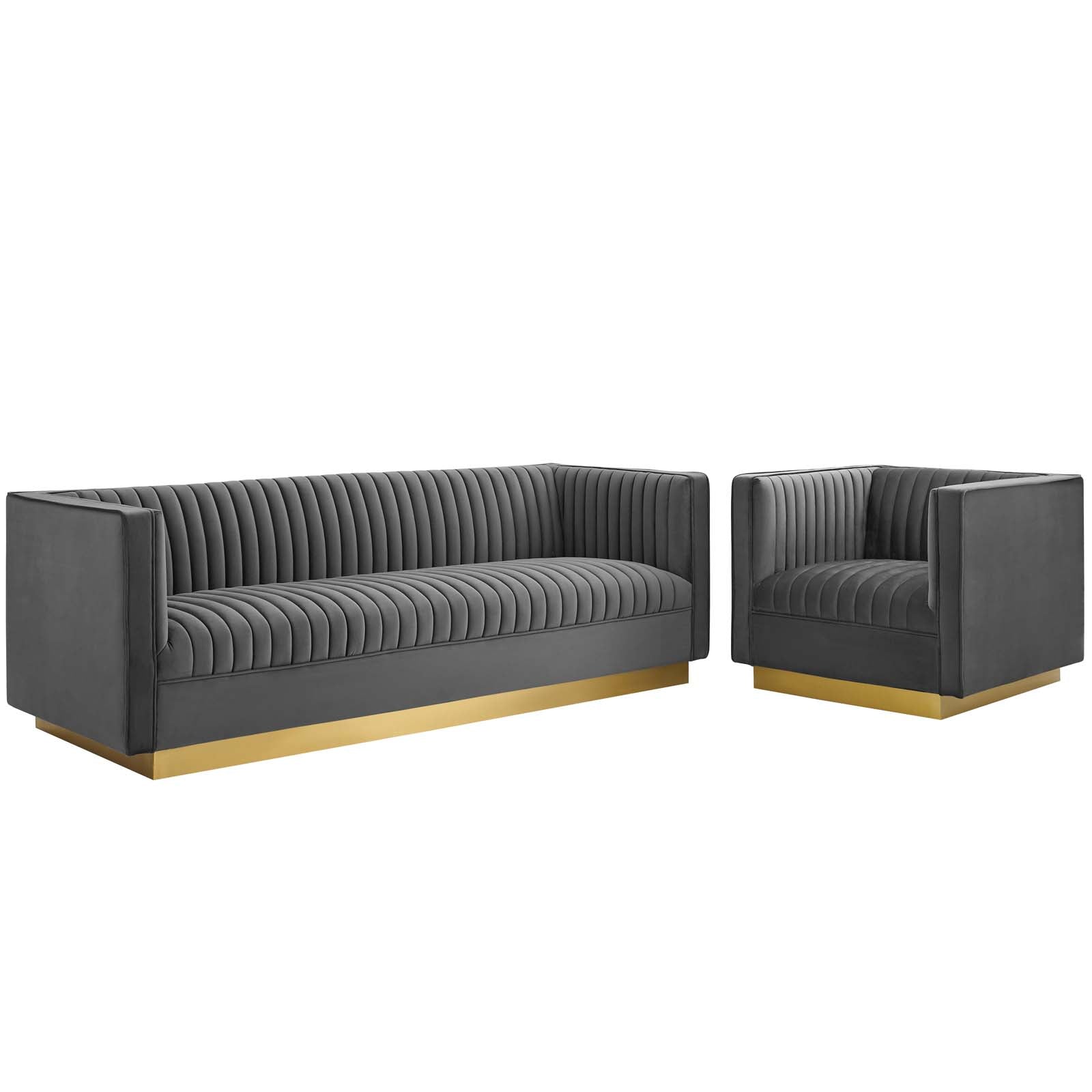 Modway Sofas & Couches - Sanguine Vertical Channel Tufted Upholstered Performance Velvet Sofa and Armchair Set Gray
