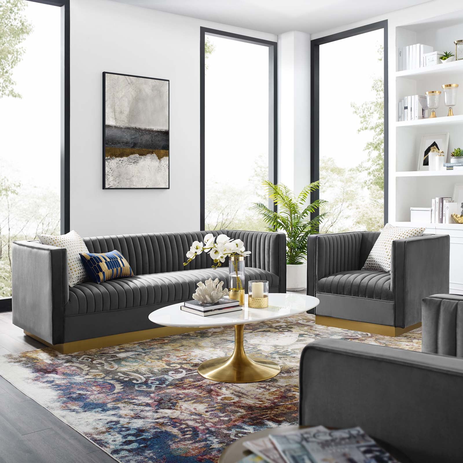 Modway Sofas & Couches - Sanguine Vertical Channel Tufted Upholstered Performance Velvet Sofa and Armchair Set Gray