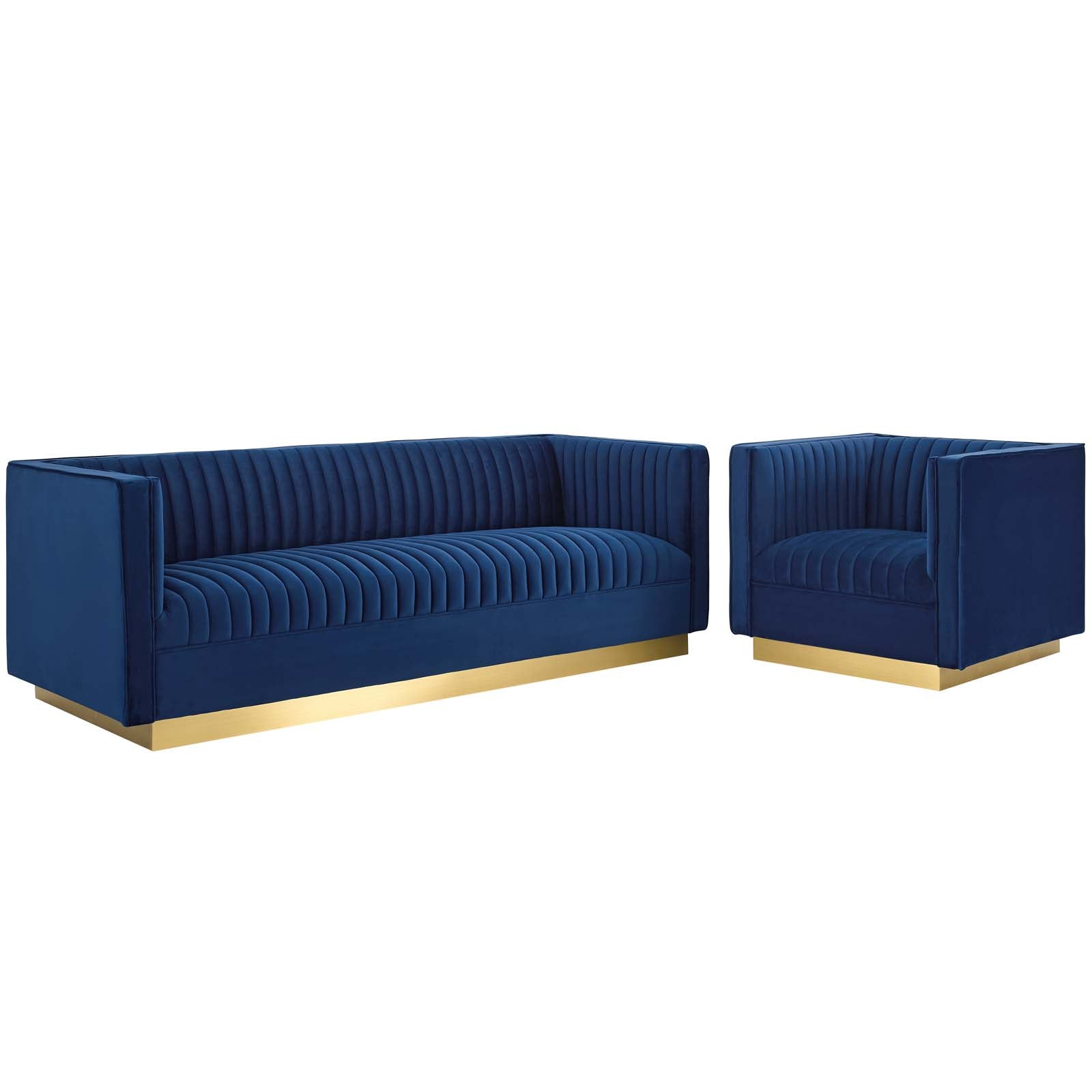 Modway Living Room Sets - Sanguine Vertical Channel Tufted Upholstered Performance Velvet Sofa and Armchair Set Navy