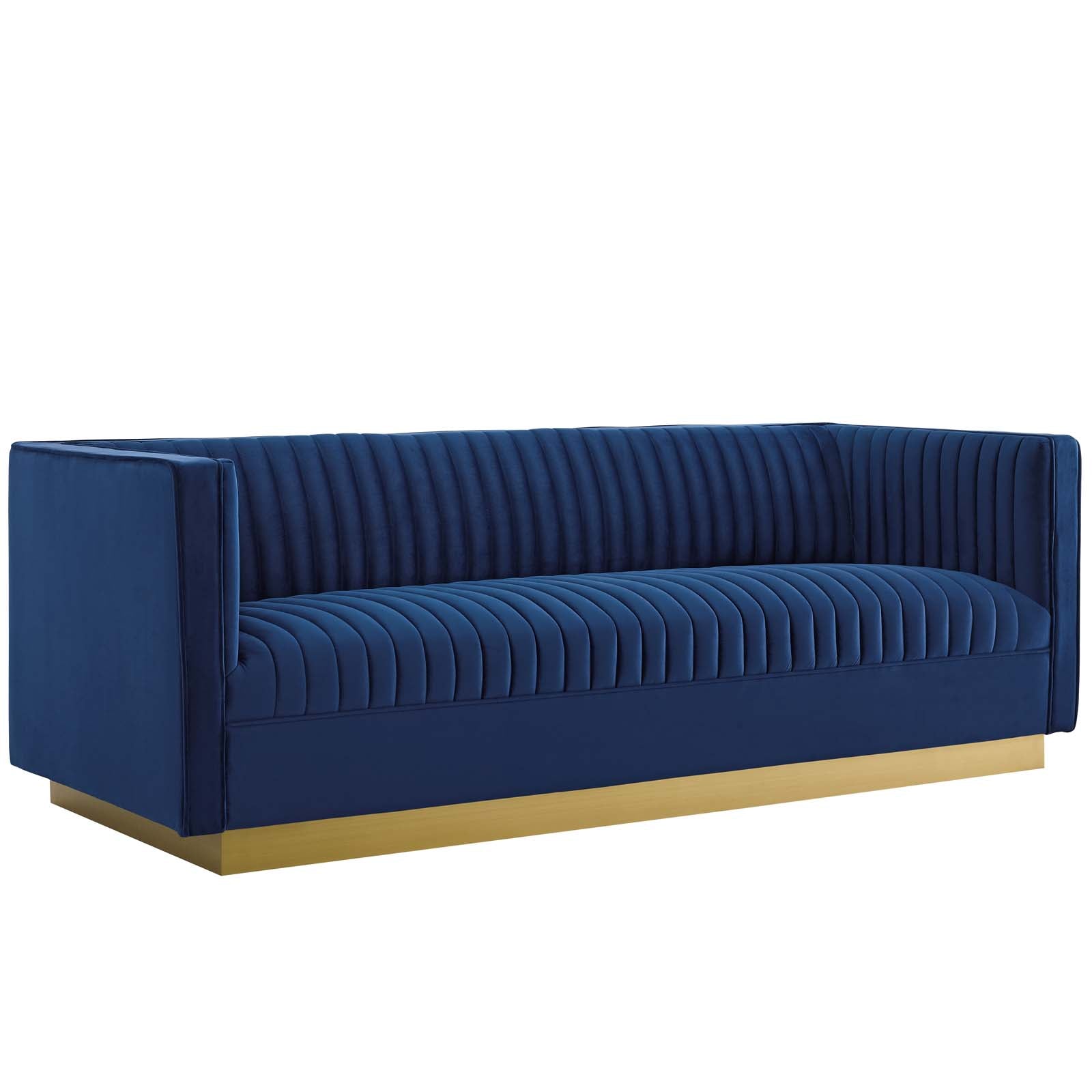 Modway Living Room Sets - Sanguine Vertical Channel Tufted Upholstered Performance Velvet Sofa and Armchair Set Navy