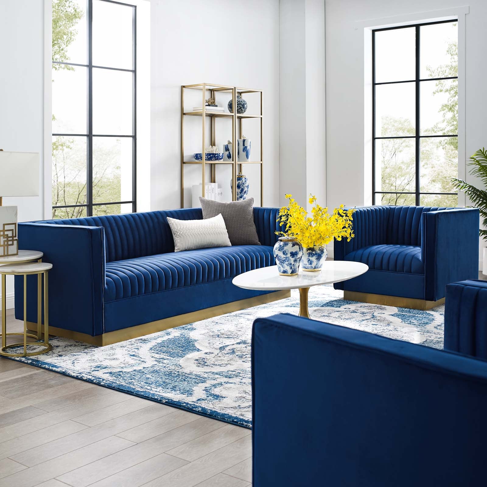 Modway Living Room Sets - Sanguine Vertical Channel Tufted Upholstered Performance Velvet Sofa and Armchair Set Navy