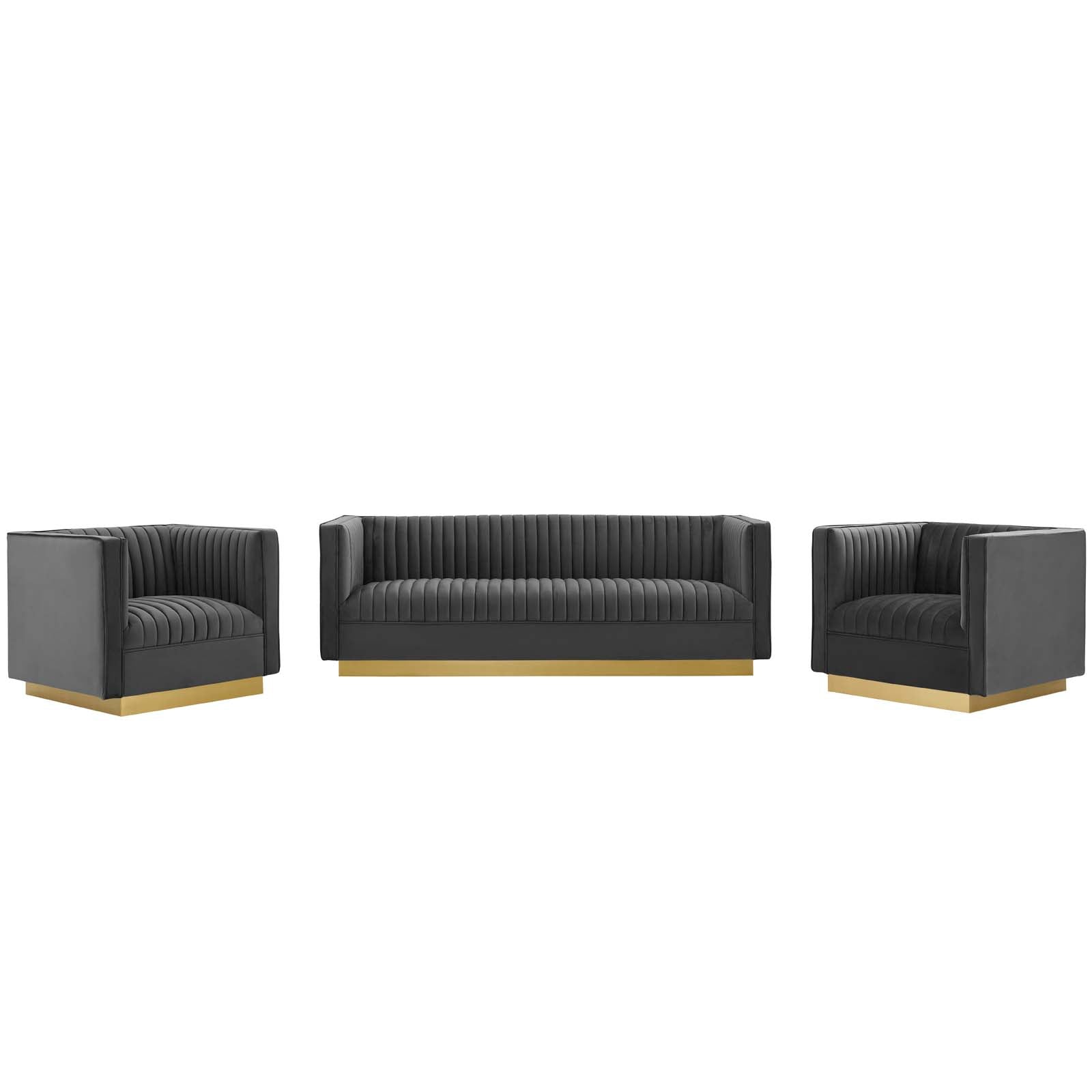 Modway Living Room Sets - Sanguine 3 Piece Vertical Upholstered Velvet Set Gray
