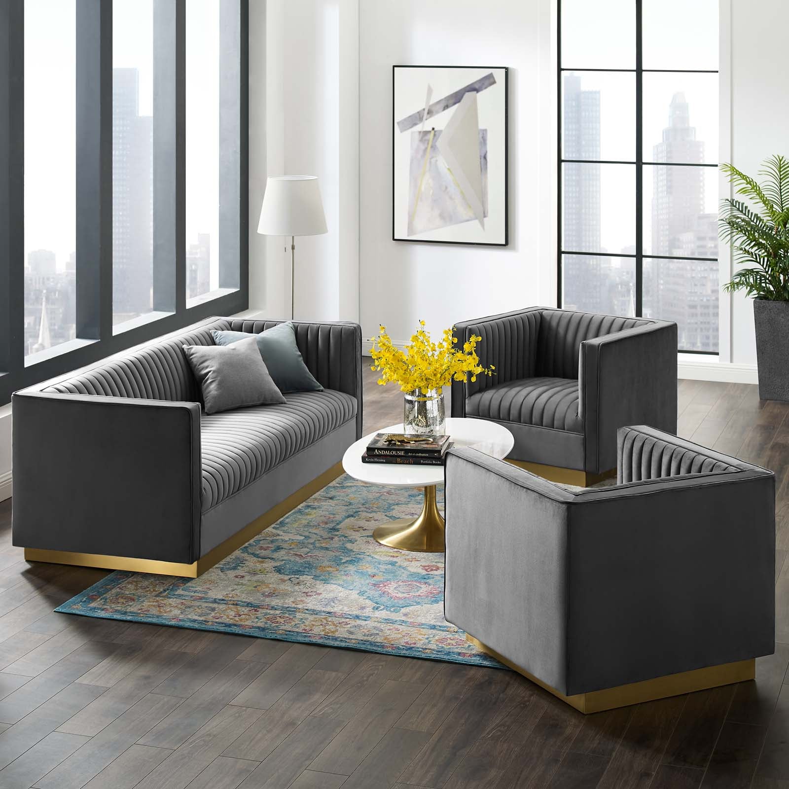 Modway Living Room Sets - Sanguine 3 Piece Vertical Upholstered Velvet Set Gray