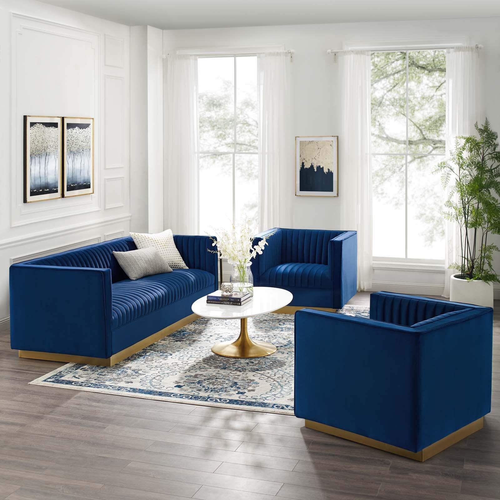 Modway Living Room Sets - Sanguine 3 Piece Vertical Channel Tufted Velvet Set Navy