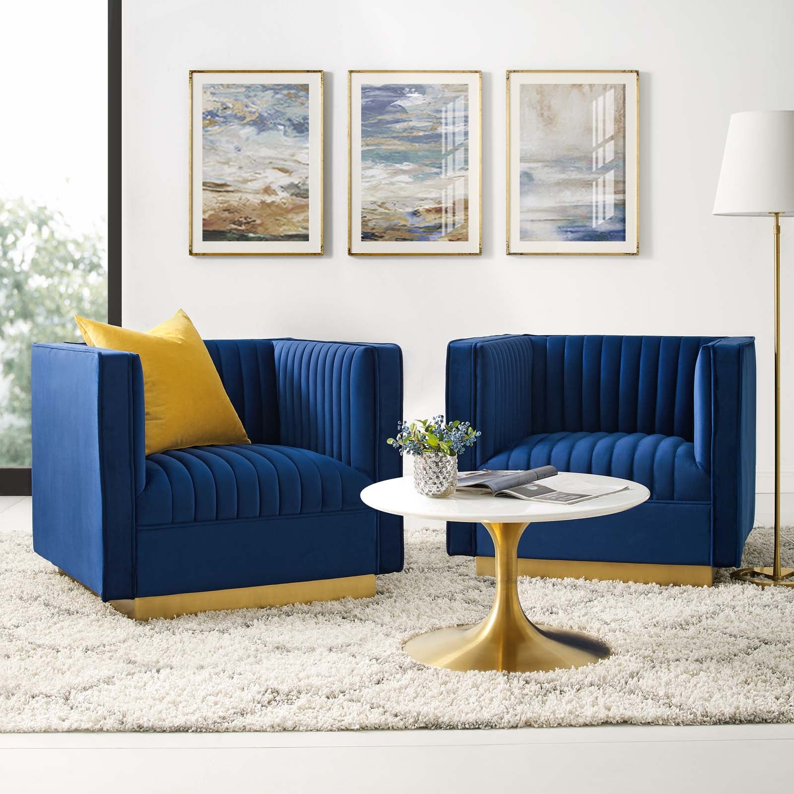 Modway Living Room Sets - Sanguine Vertical Channel Tufted Velvet Armchair Set of 2 Navy