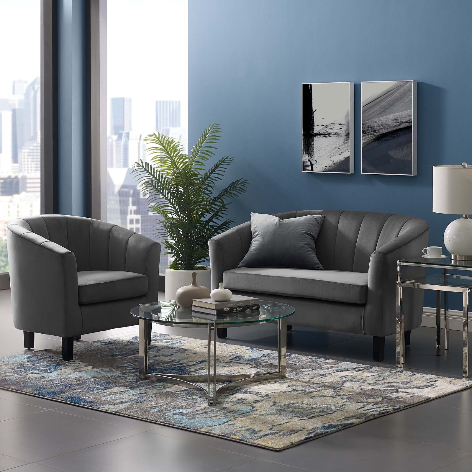 Modway Living Room Sets - Prospect Channel Tufted Performance Velvet Loveseat and Armchair Set Gray