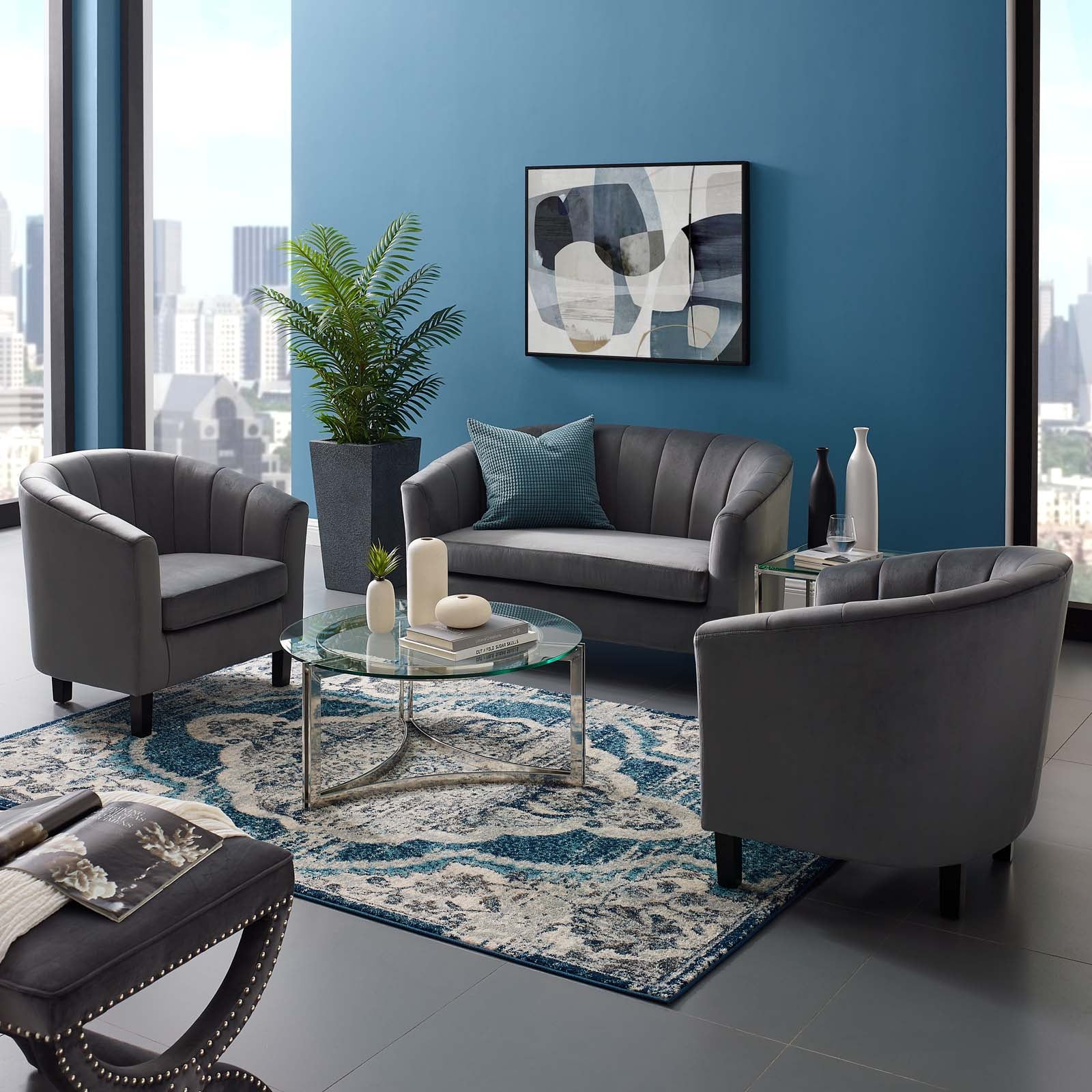 Modway Living Room Sets - Prospect Channel Tufted 3 Piece Performance Velvet Set Gray