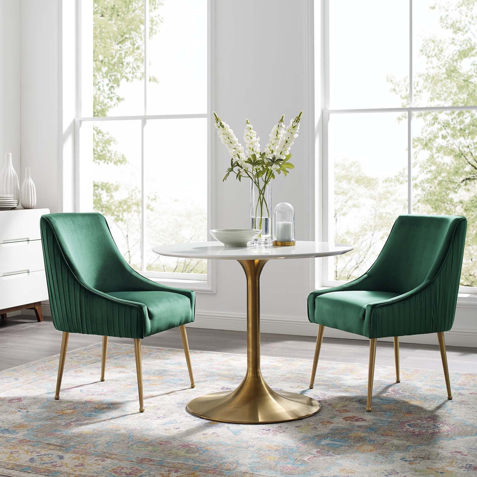 Modway Dining Chairs - Discern Pleated Back Upholstered Performance Velvet Dining Chair Set of 2 Green