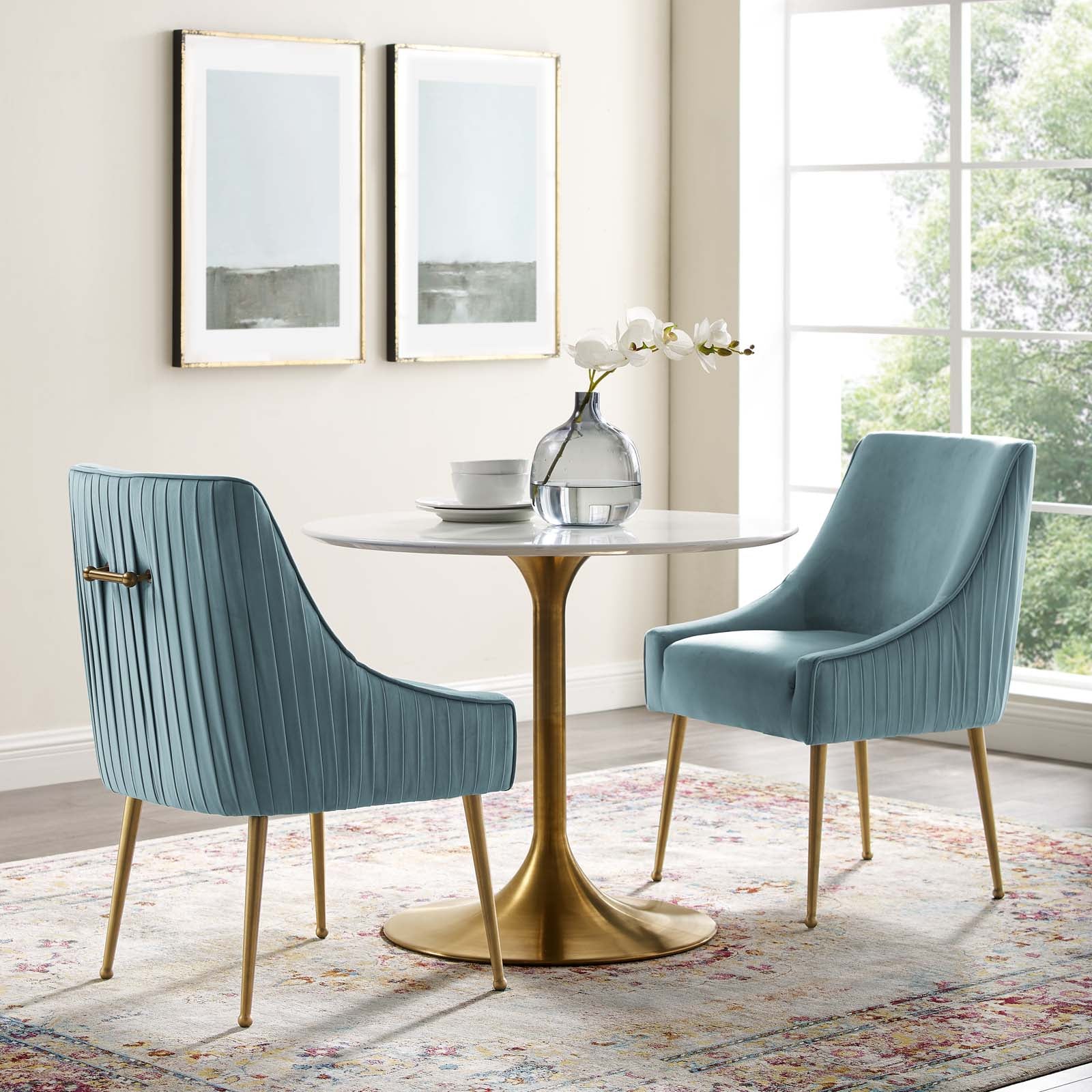 Modway Dining Chairs - Discern Pleated Back Upholstered Performance Velvet Dining Chair Set of 2 Light Blue