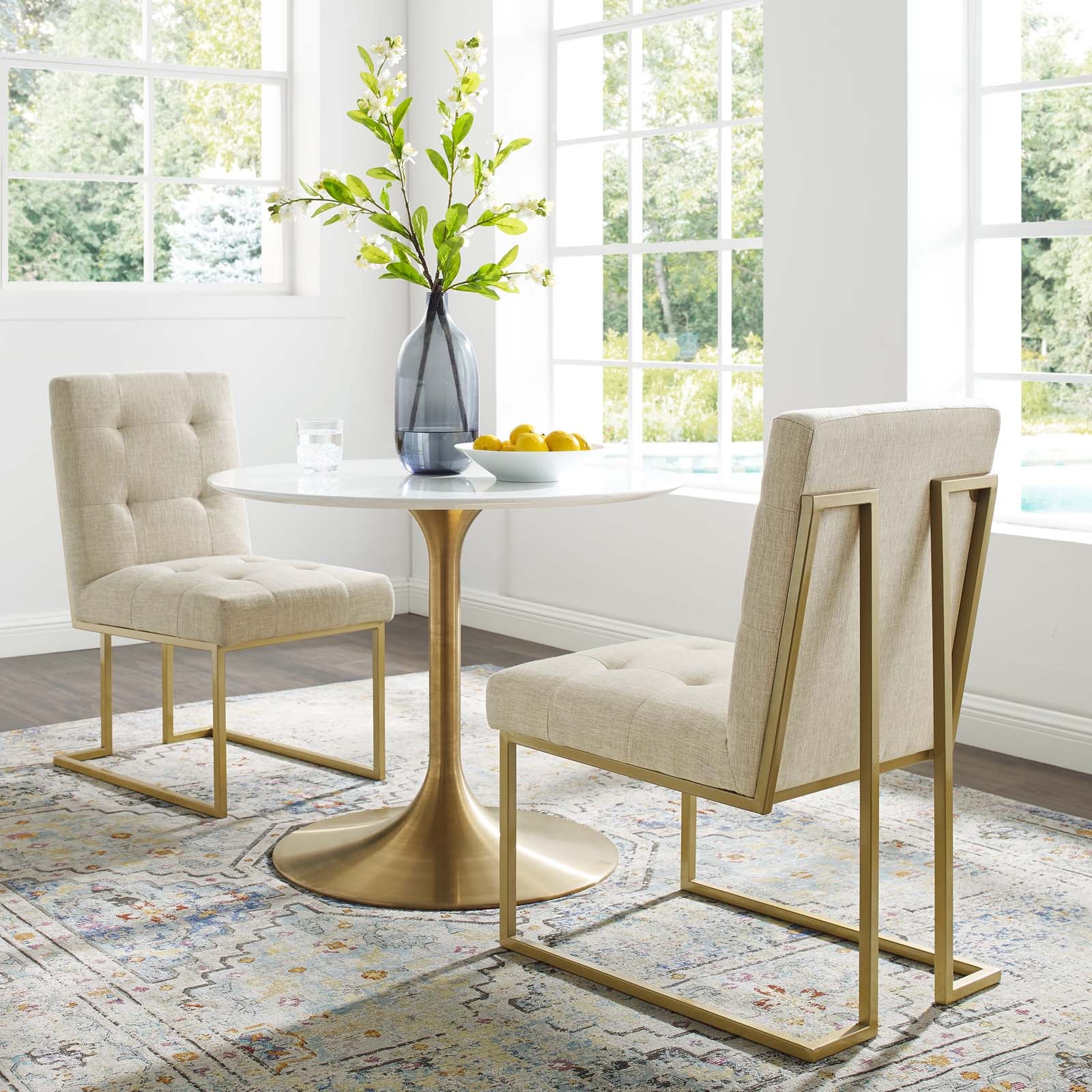 Modway Dining Chairs - Privy Gold Stainless Steel Upholstered Fabric Dining Accent Chair (Set of 2) Gold | Beige
