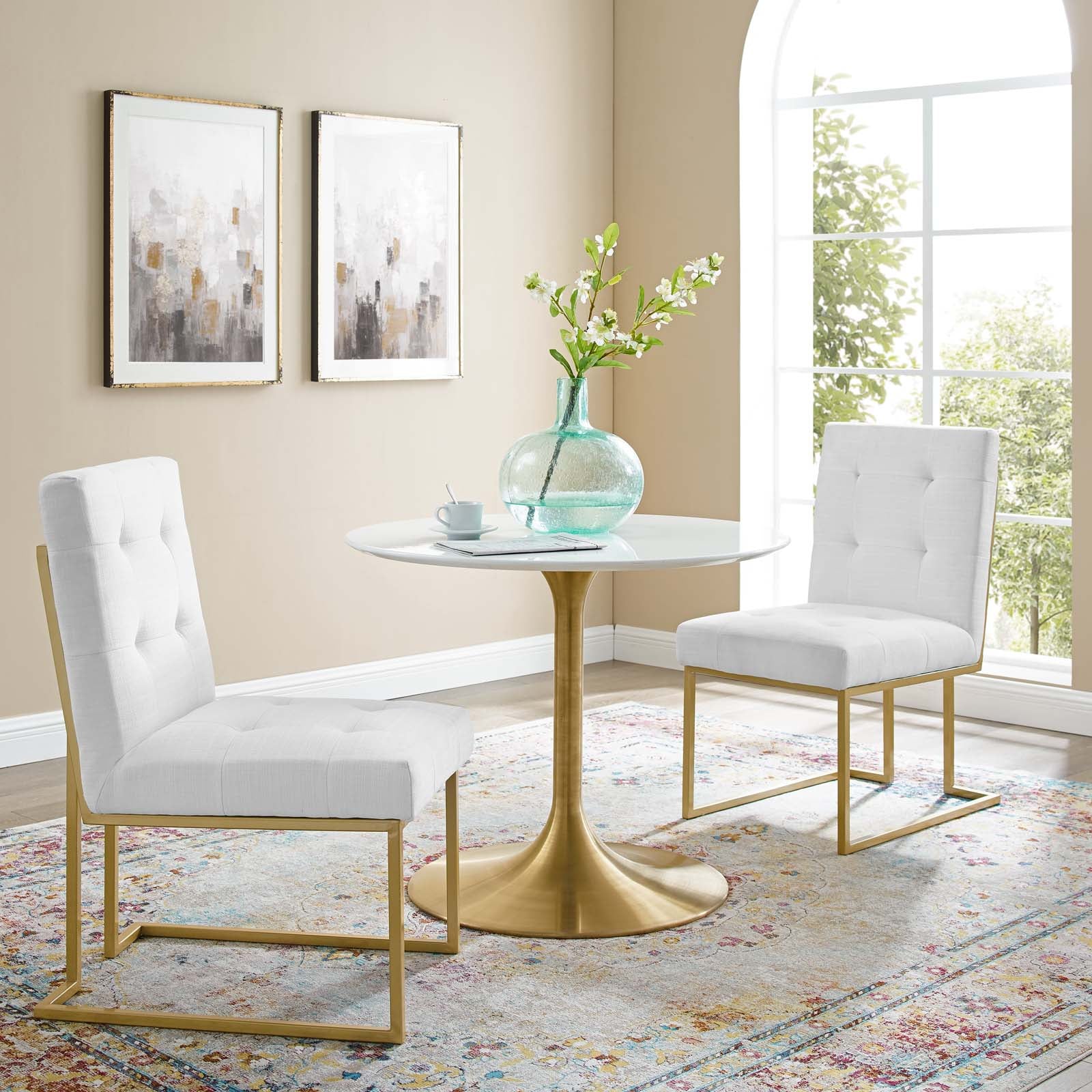 Modway Dining Chairs - Privy Gold Stainless Steel Fabric Dining Accent Chair Set of 2 Gold White