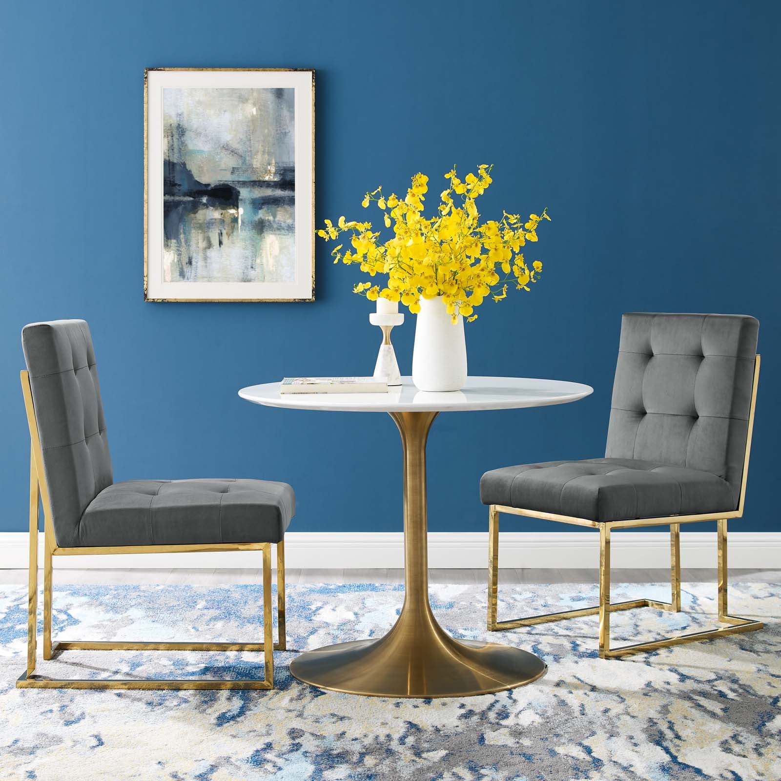 Modway Dining Chairs - Privy Gold Stainless Steel Performance Velvet Dining Chair Set of 2 Gold Charcoal