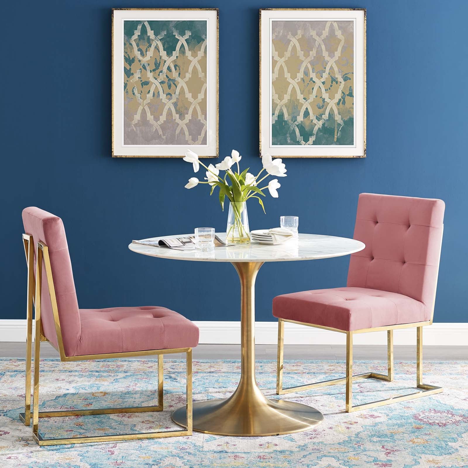Modway Dining Chairs - Privy Gold Stainless Steel Performance Velvet Dining Chair Set of 2 Gold Dusty Rose