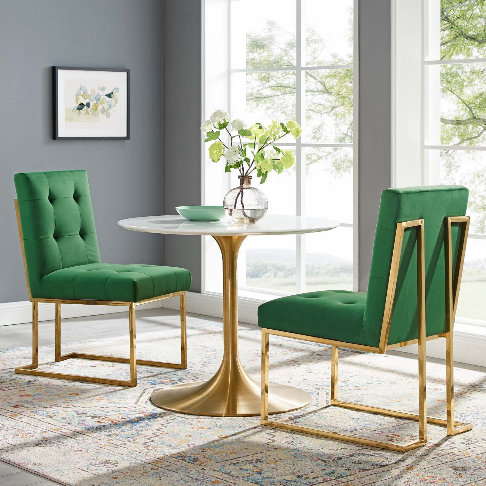 Modway Dining Chairs - Privy Gold Stainless Steel Velvet Dining Chair Gold Emerald (Set of 2)