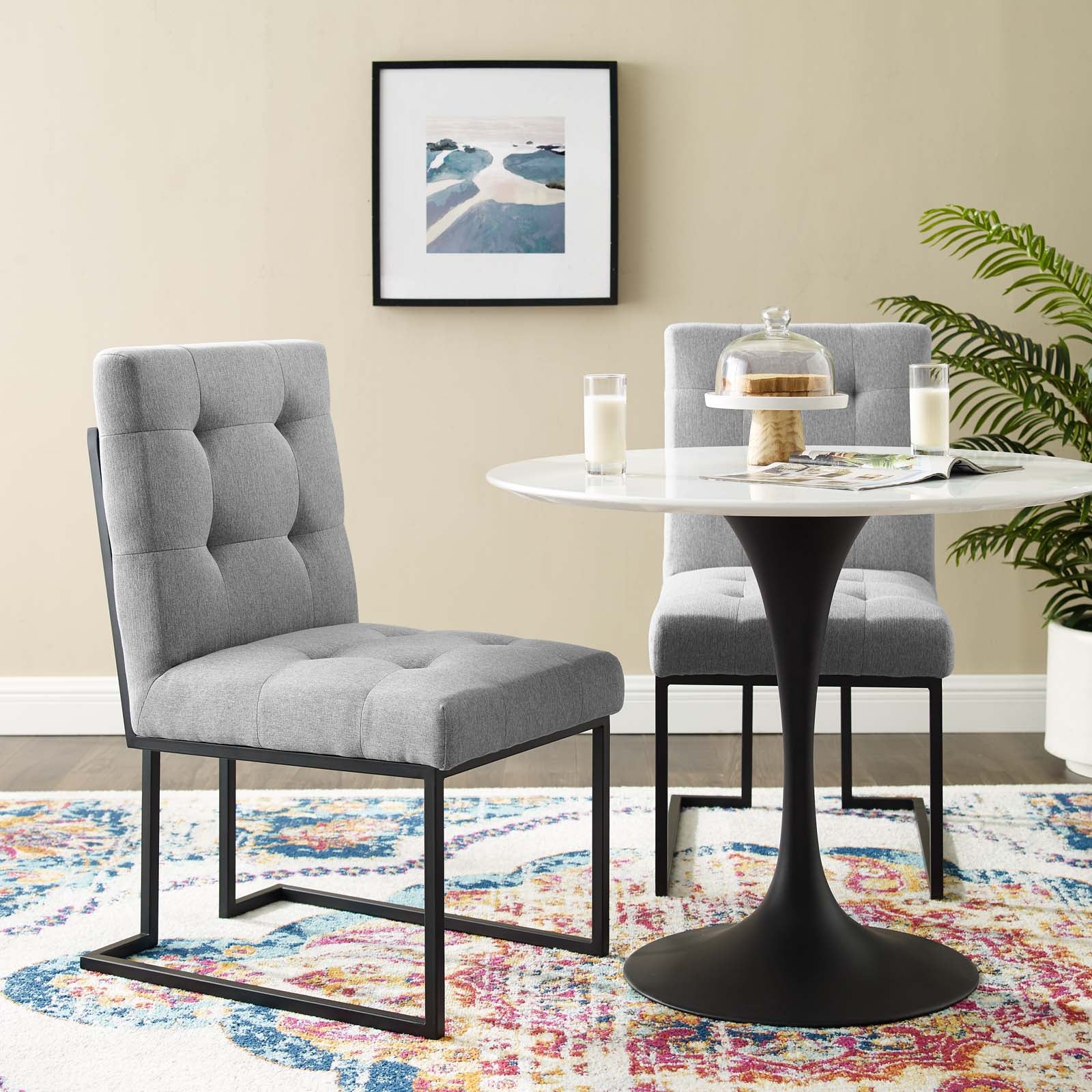 Modway Dining Chairs - Privy Black Stainless Steel Upholstered Fabric Dining Chair Set of 2 Black Light Gray