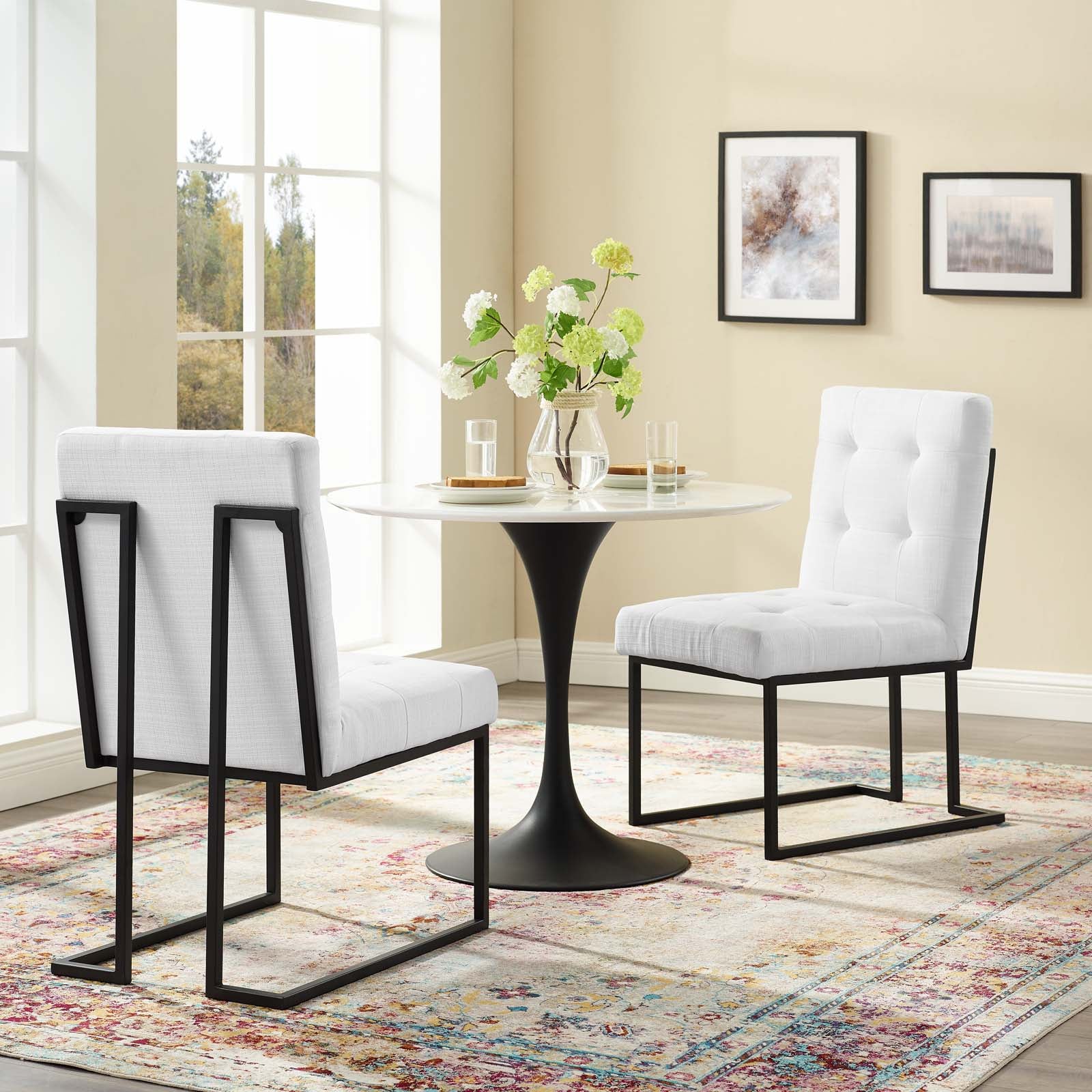 Modway Dining Chairs - Privy Black Stainless Steel Upholstered Fabric Dining Chair Set of 2 Black White