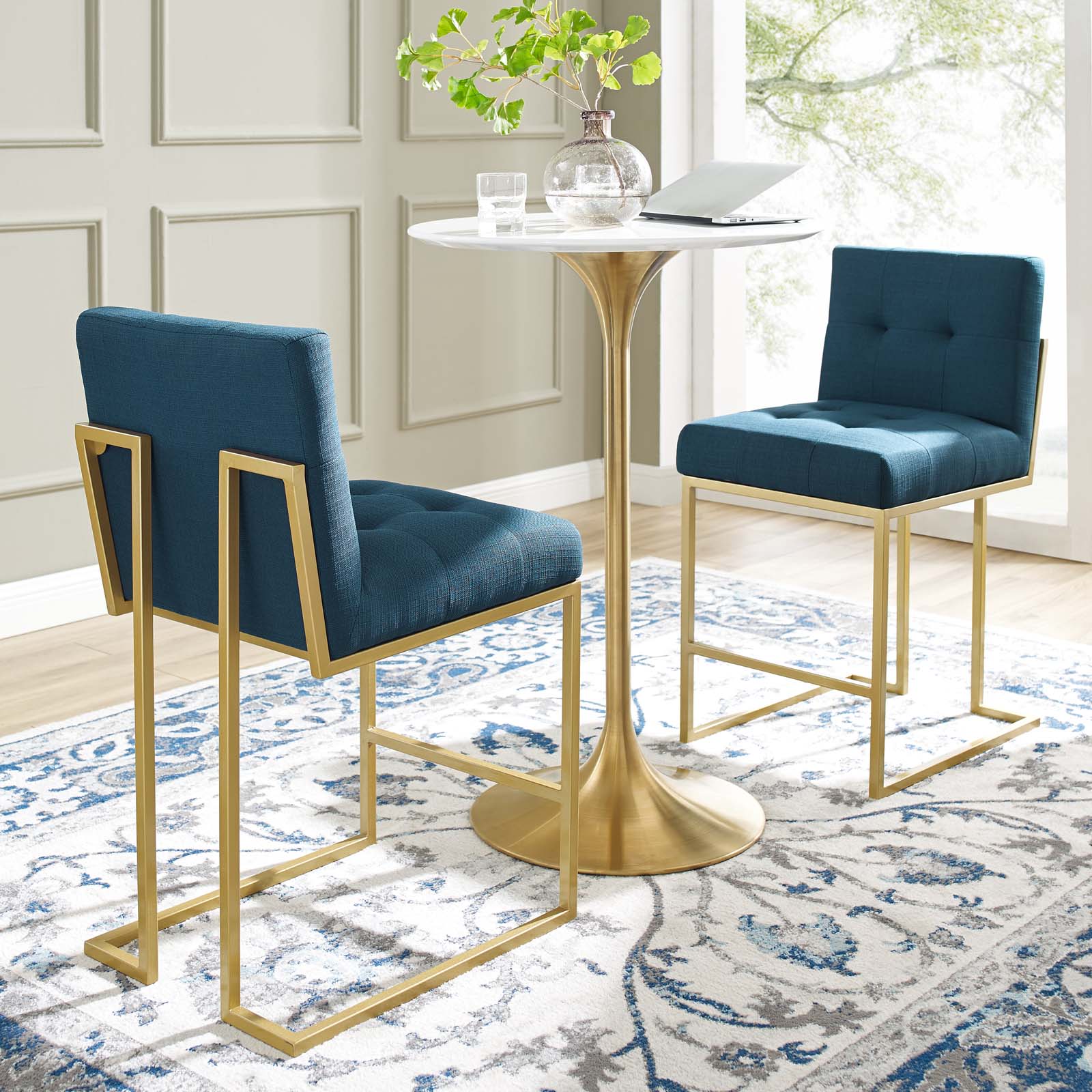 Modway Dining Chairs - Privy Gold Stainless Steel Upholstered Fabric Counter Stool Set of 2 Gold Azure