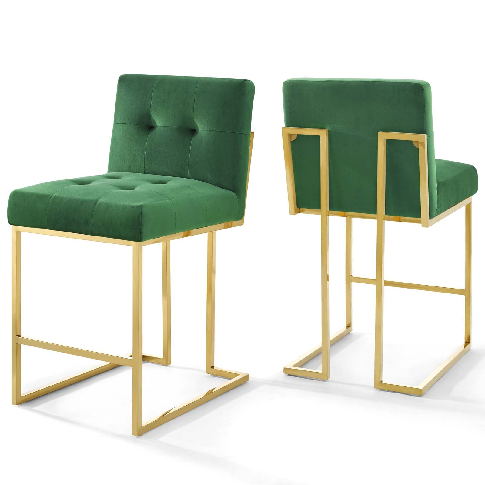 Modway Barstools - Privy Gold Stainless Steel Performance Velvet Counter Stool Set of 2 Gold Emerald