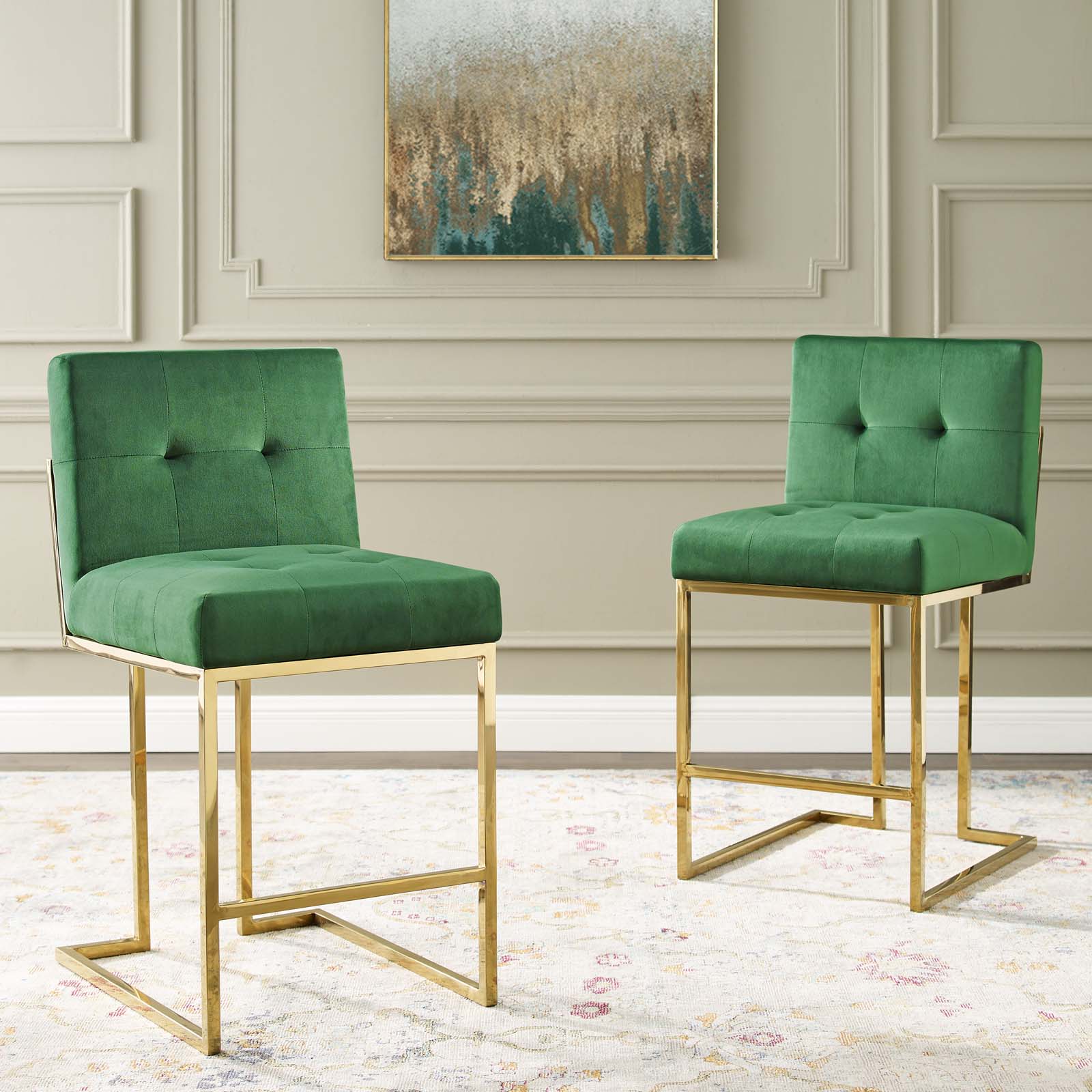 Modway Barstools - Privy Gold Stainless Steel Performance Velvet Counter Stool Set of 2 Gold Emerald